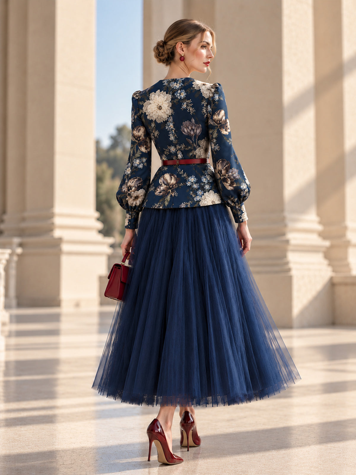 Dark Navy Floral Print Puff Long Sleeve Peplum Top & Tulle Midi Skirt 2-Piece Suit