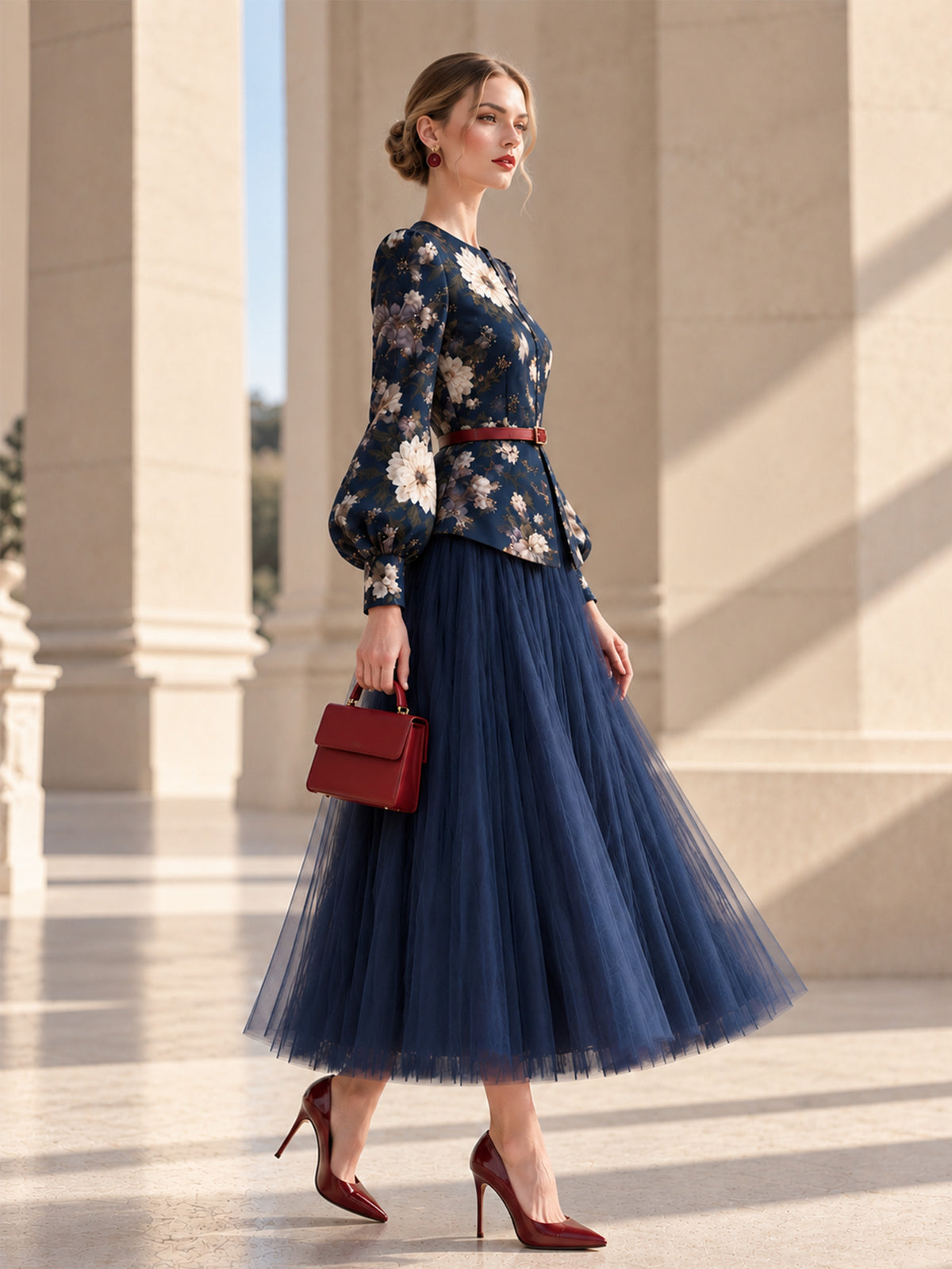 Dark Navy Floral Print Puff Long Sleeve Peplum Top & Tulle Midi Skirt 2-Piece Suit
