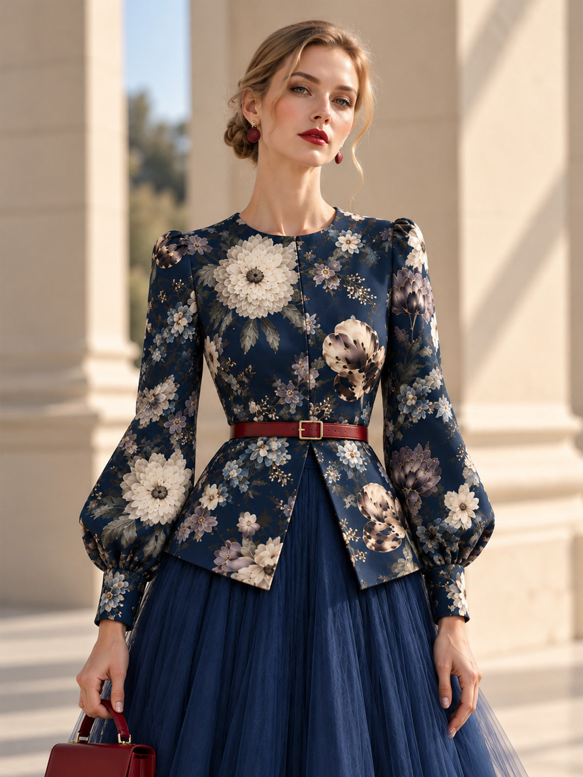 Dark Navy Floral Print Puff Long Sleeve Peplum Top & Tulle Midi Skirt 2-Piece Suit
