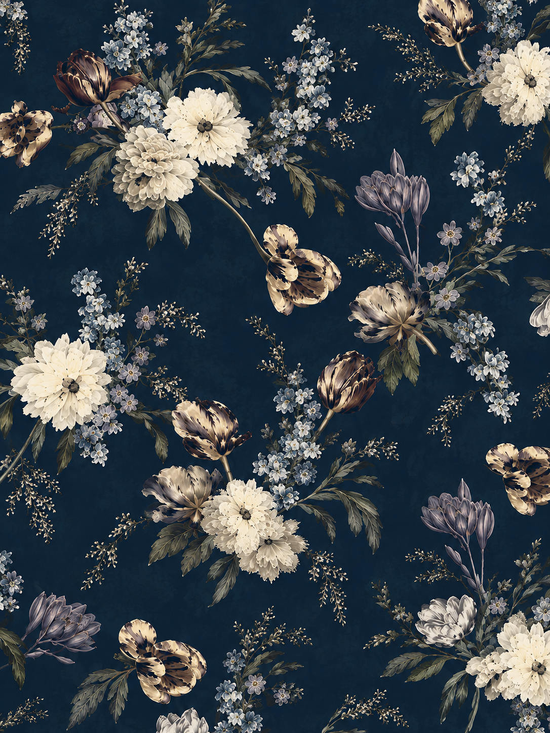 Dark Navy Floral Print Puff Long Sleeve Peplum Top & Tulle Midi Skirt 2-Piece Suit