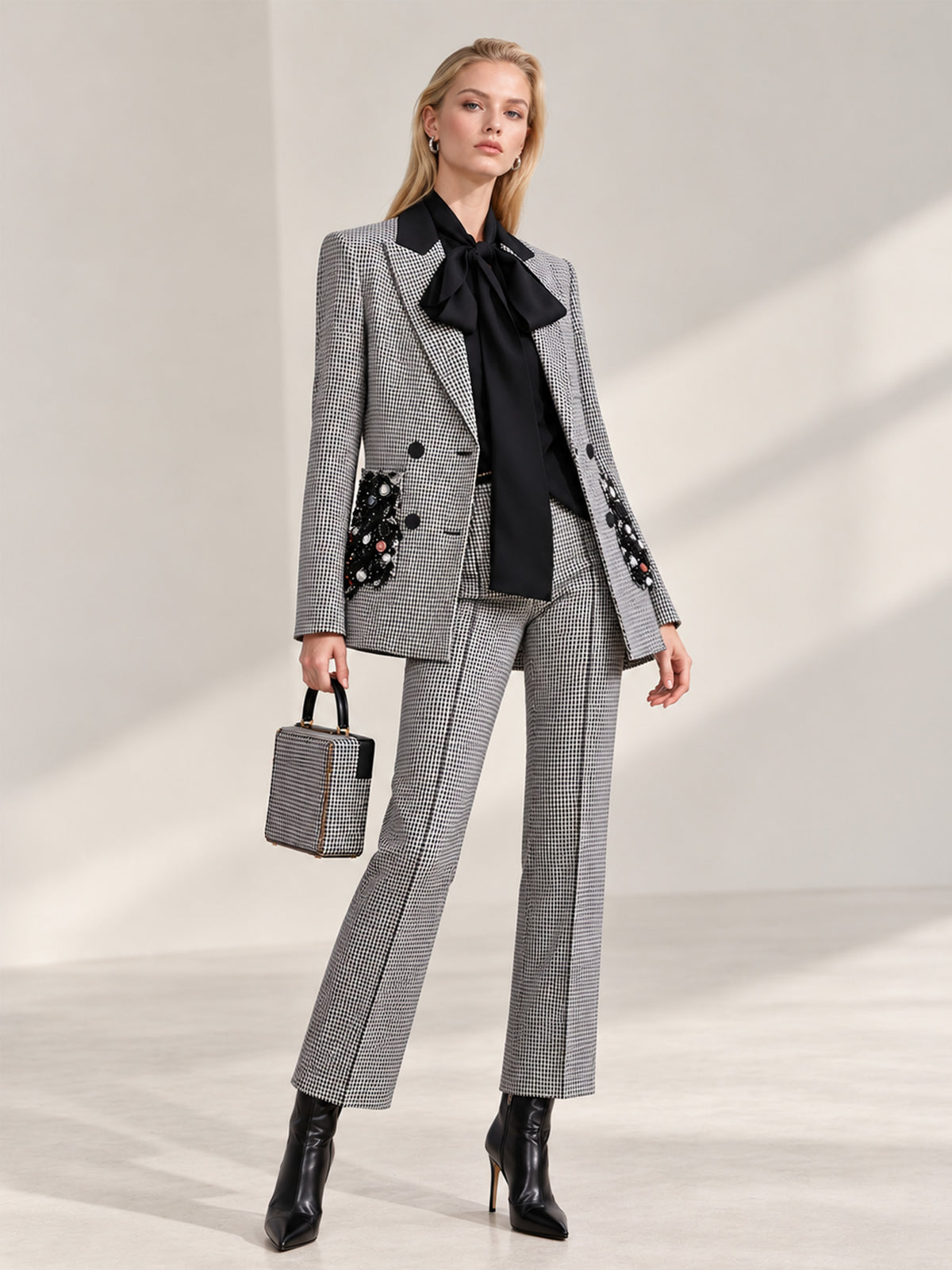 Houndstooth Beaded Pocket Blazer & Straight Leg Pants 2-Piece Suit