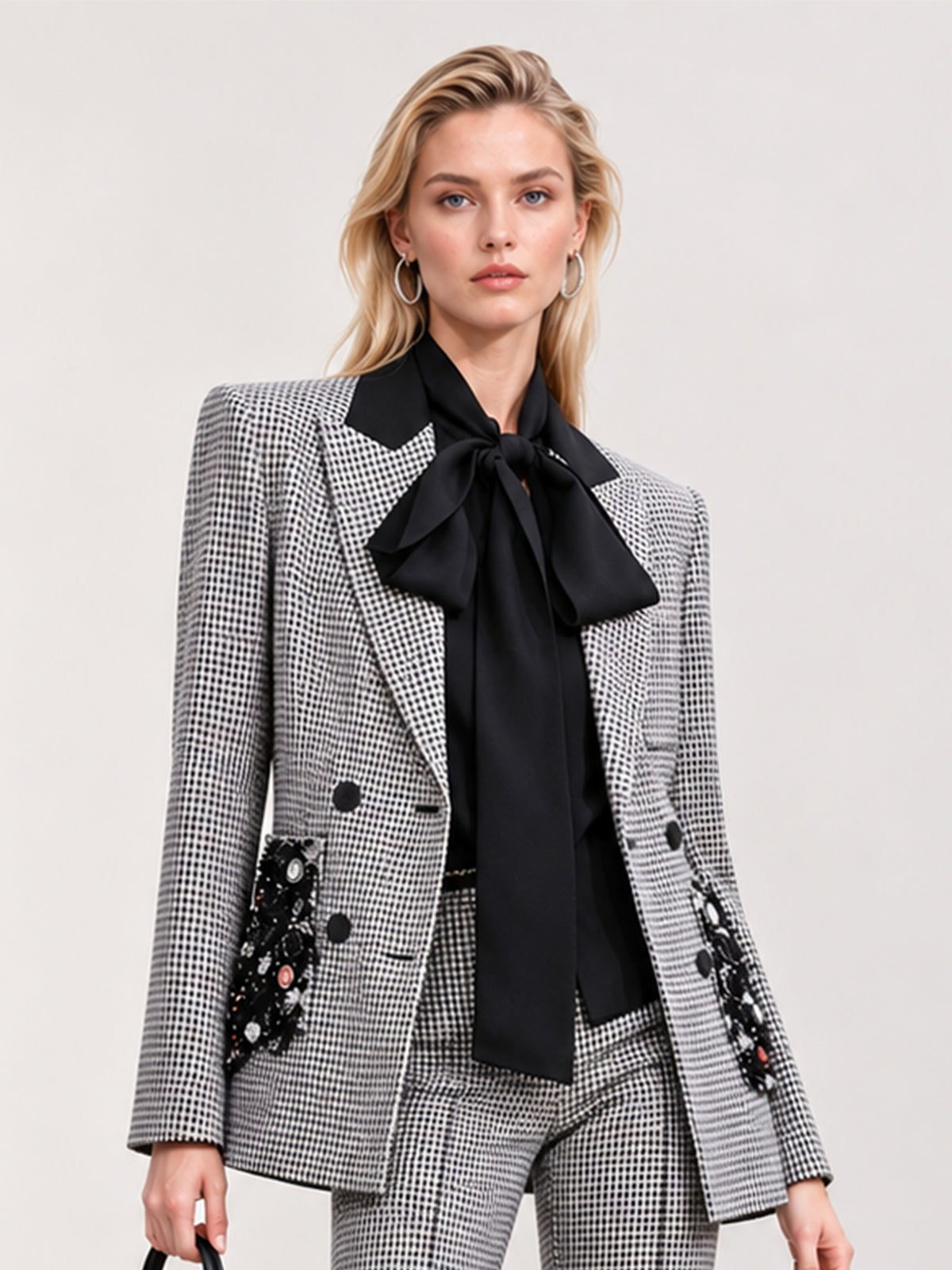 Houndstooth Beaded Pocket Blazer & Straight Leg Pants 2-Piece Suit