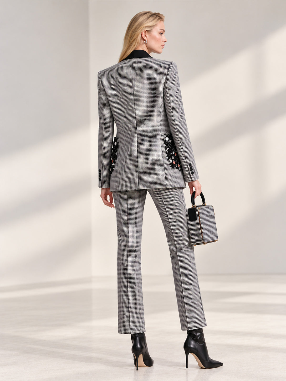 Houndstooth Beaded Pocket Blazer & Straight Leg Pants 2-Piece Suit
