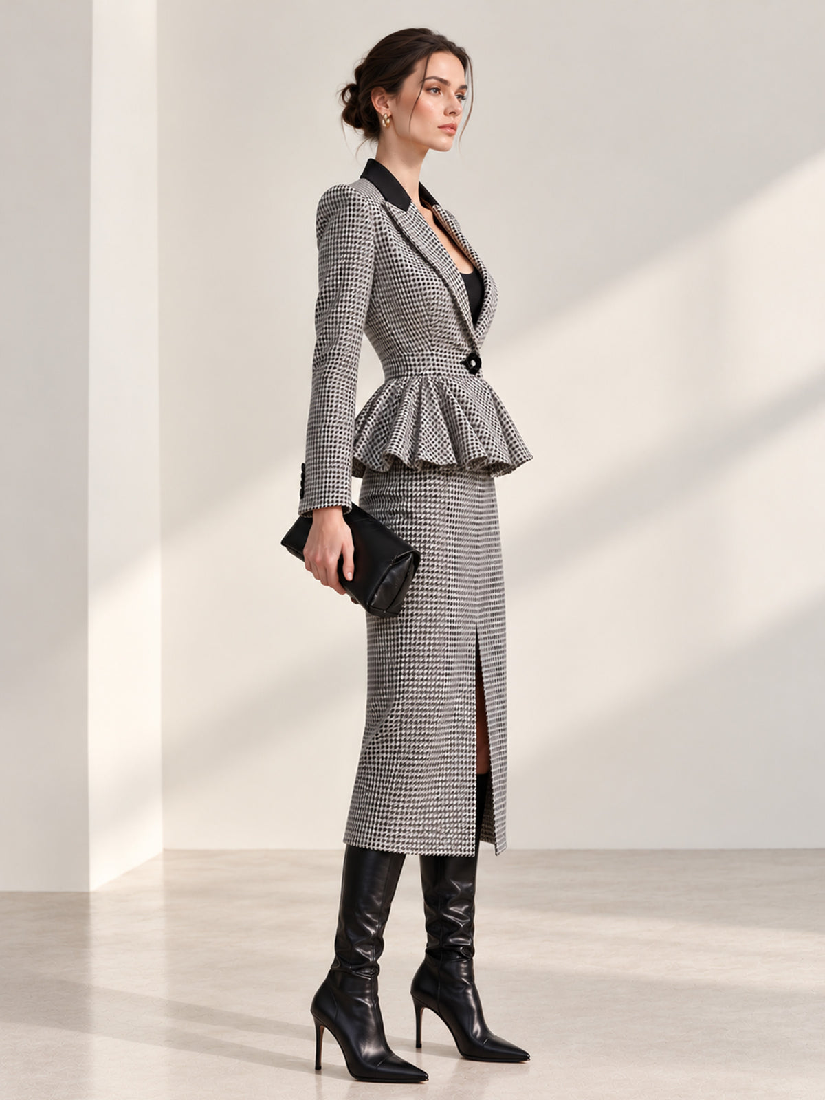 Houndstooth Contrast Lapel Peplum Blazer & Front Slit Midi Skirt 2-Piece Suit