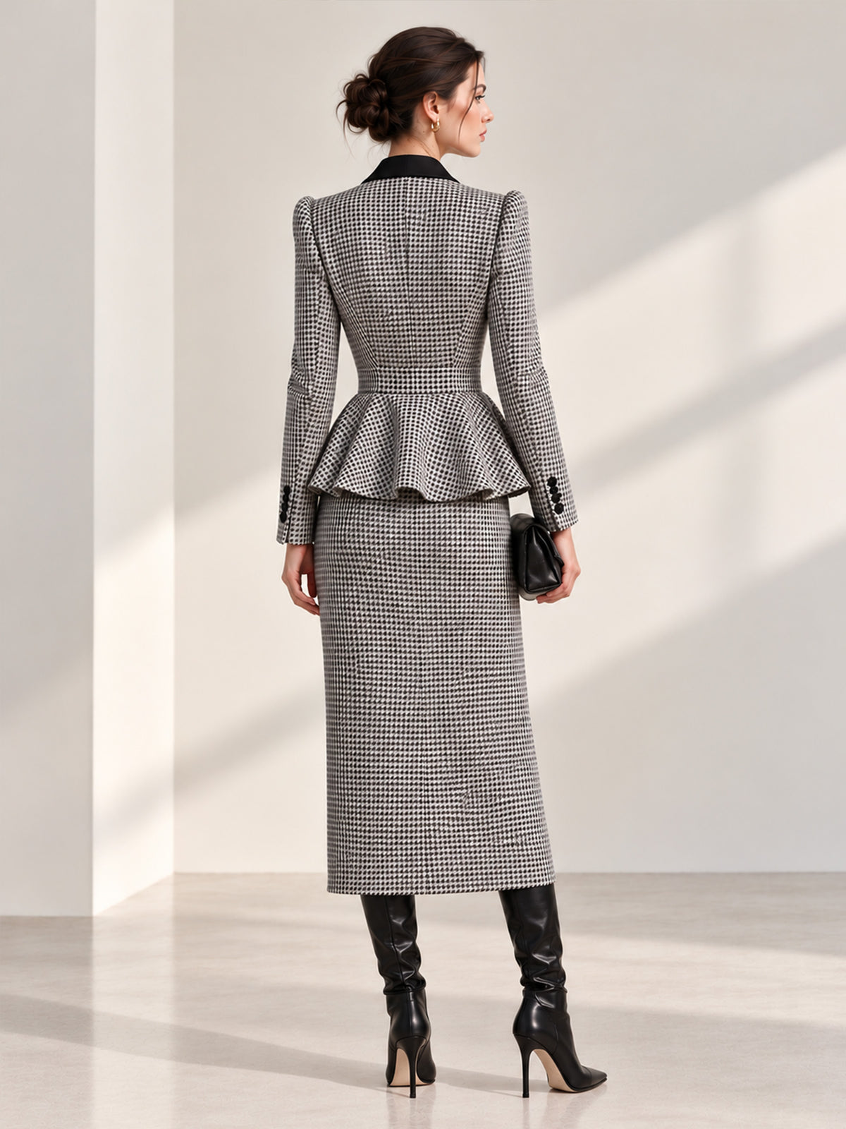 Houndstooth Contrast Lapel Peplum Blazer & Front Slit Midi Skirt 2-Piece Suit
