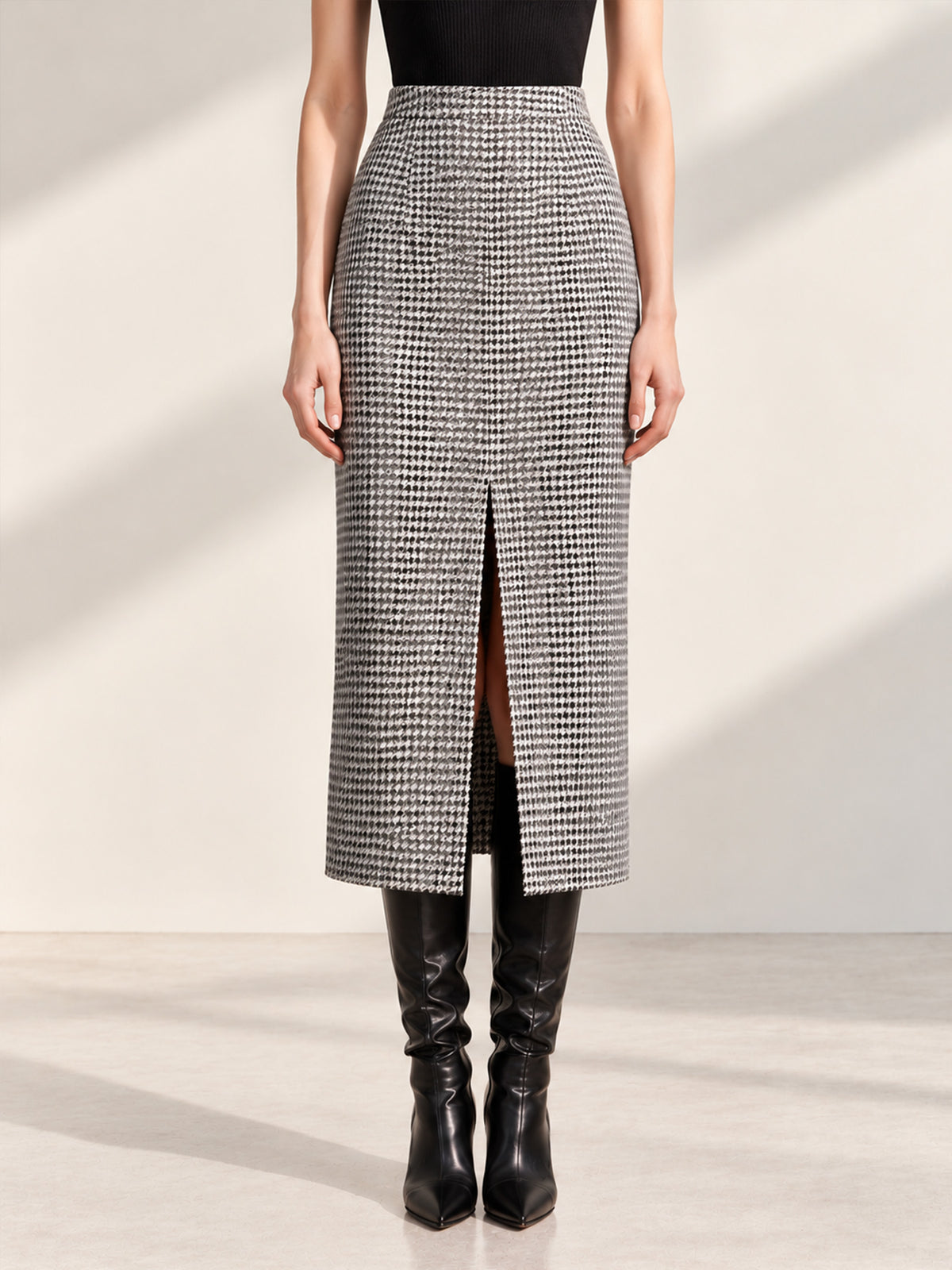 Houndstooth Contrast Lapel Peplum Blazer & Front Slit Midi Skirt 2-Piece Suit