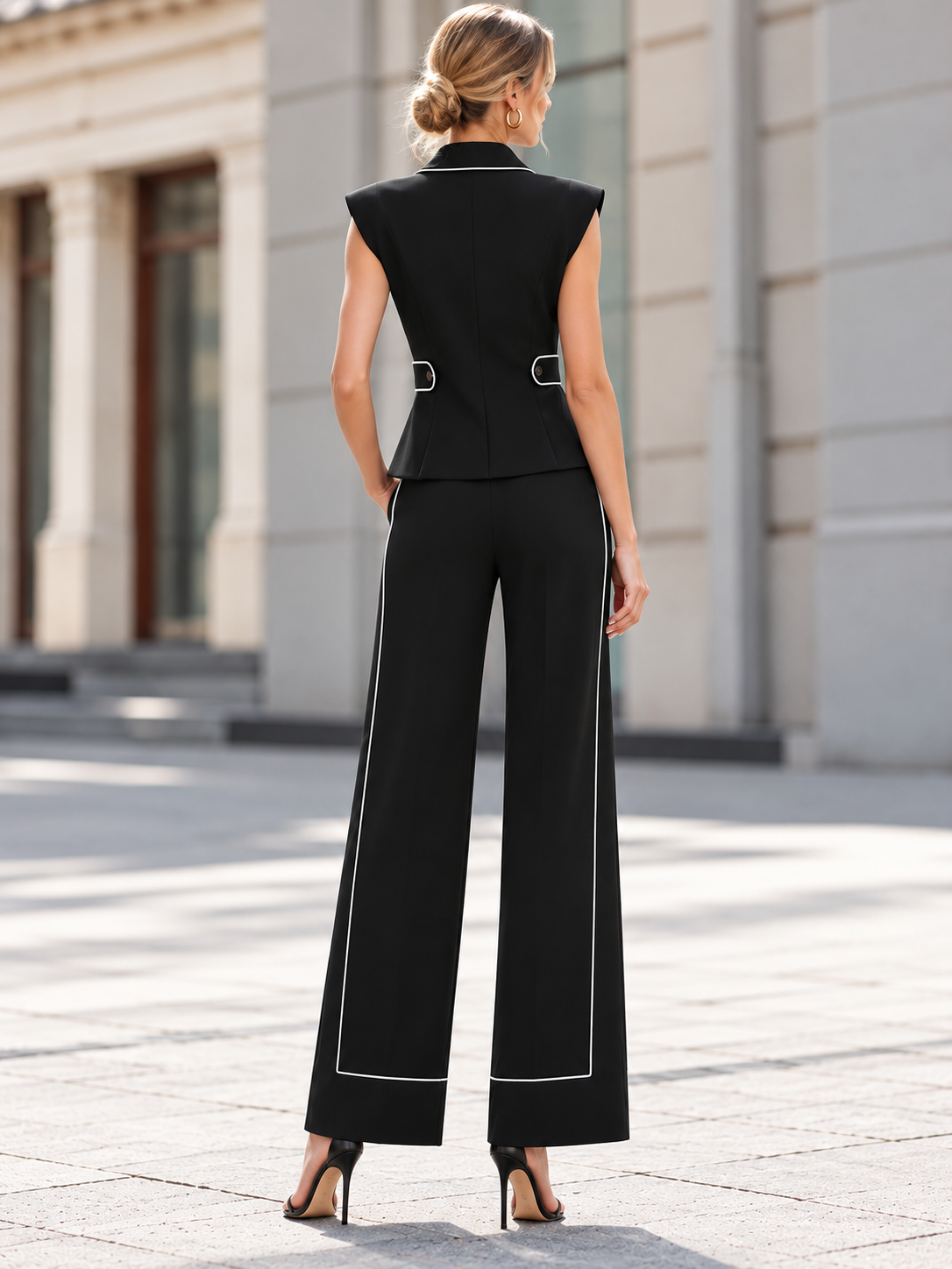 Black Vest And Wide Leg Pants 2-Piece Suit
