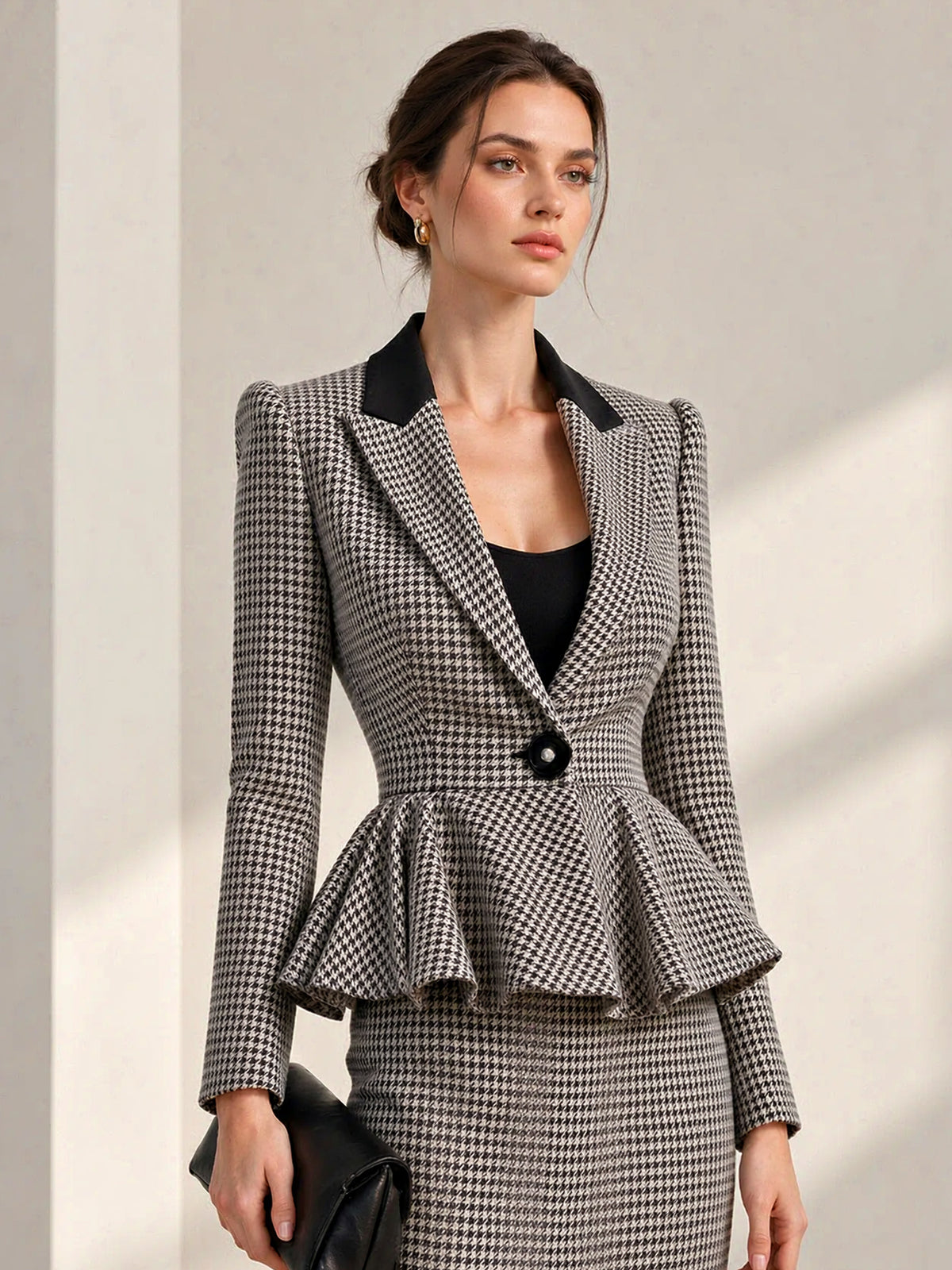 Houndstooth Contrast Lapel Peplum Blazer & Front Slit Midi Skirt 2-Piece Suit
