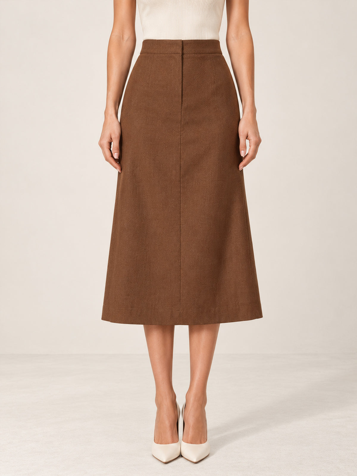 Brown Notch Lapel Multi Pocket White Button Fitted Blazer & Midi Skirt 2-Piece Suit