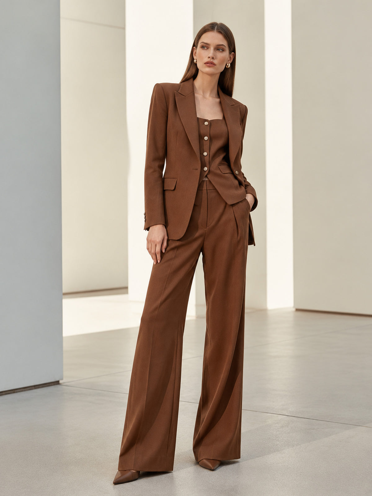 Brown Notch Lapel Blazer & Square Neck Vest & Wide Leg Trousers 3-Piece Suit
