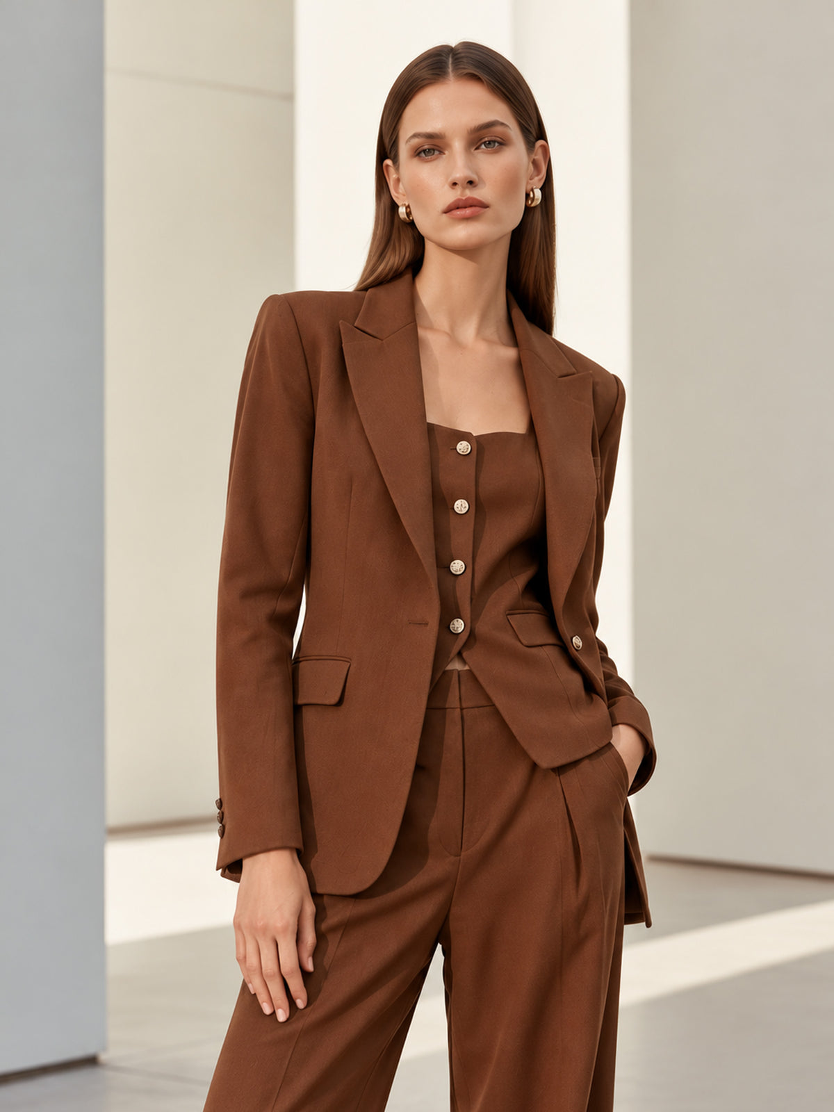Brown Notch Lapel Blazer & Square Neck Vest & Wide Leg Trousers 3-Piece Suit