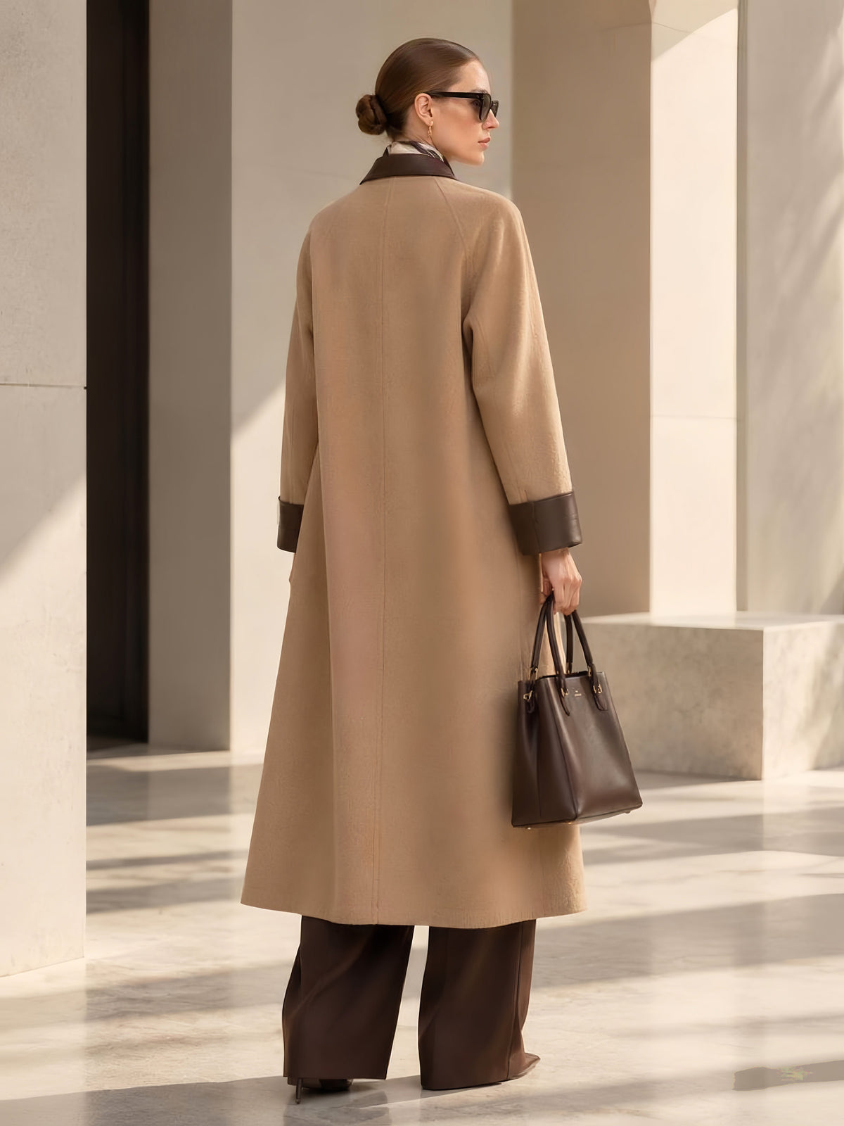 Camel Faux Leather Contrast Lapel & Cuff Wrap Long Wool Coat