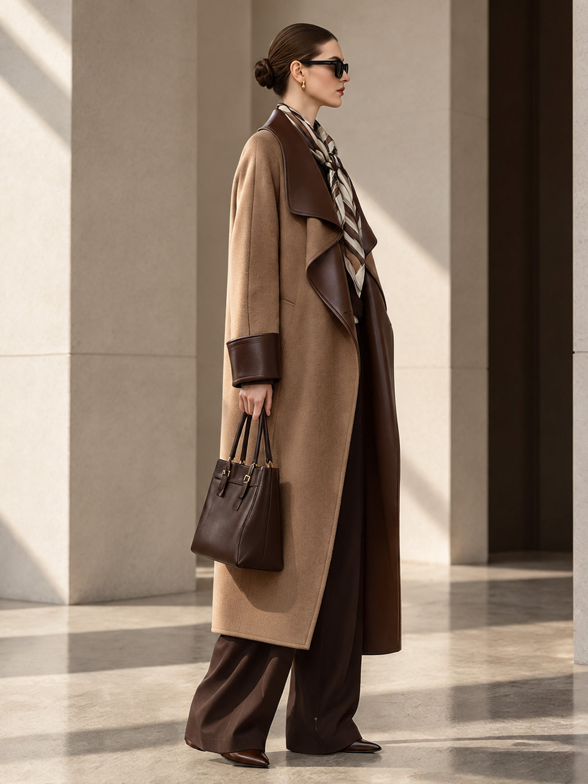 Camel Faux Leather Contrast Lapel & Cuff Wrap Long Wool Coat
