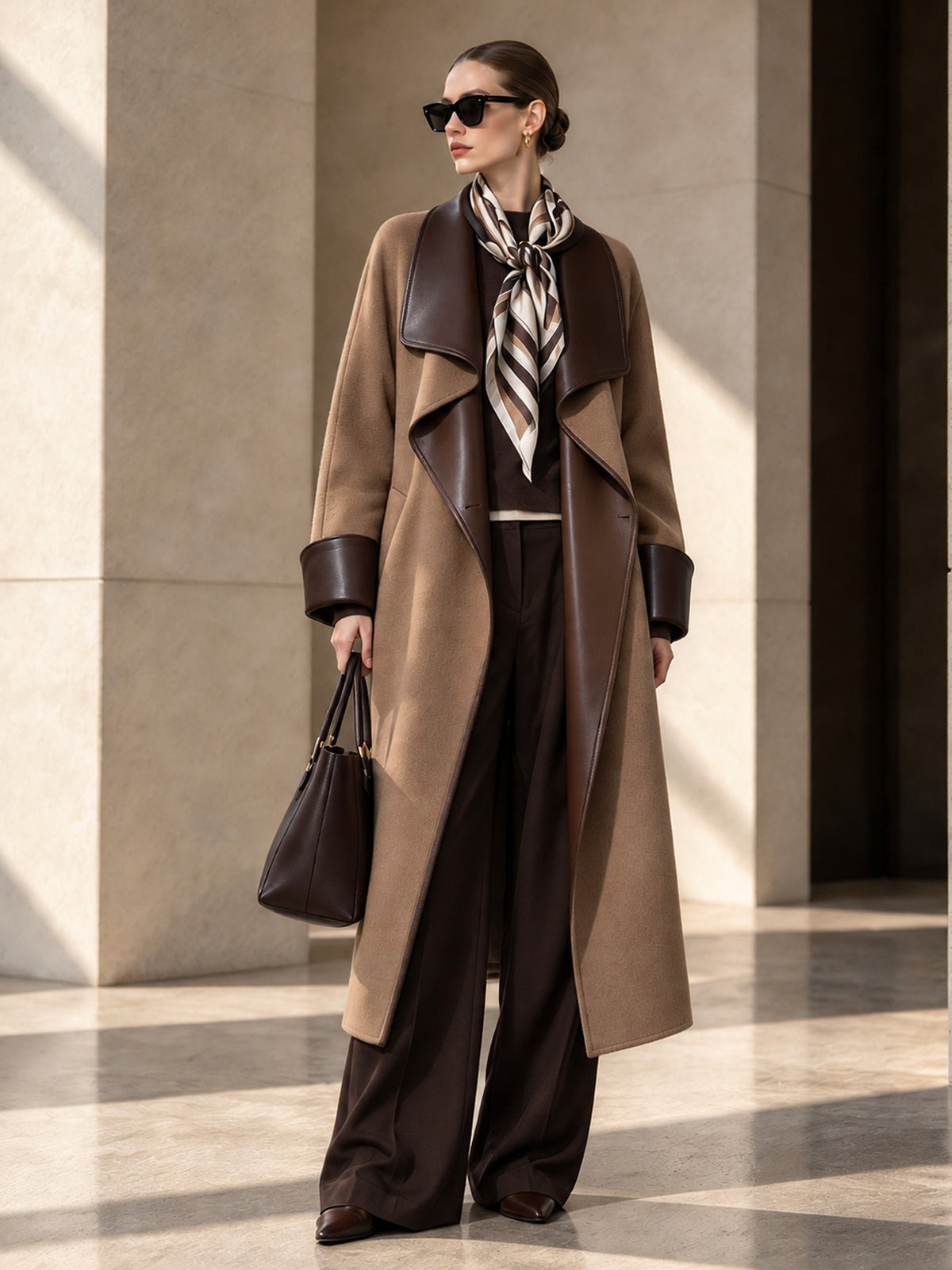 Camel Faux Leather Contrast Lapel & Cuff Wrap Long Wool Coat