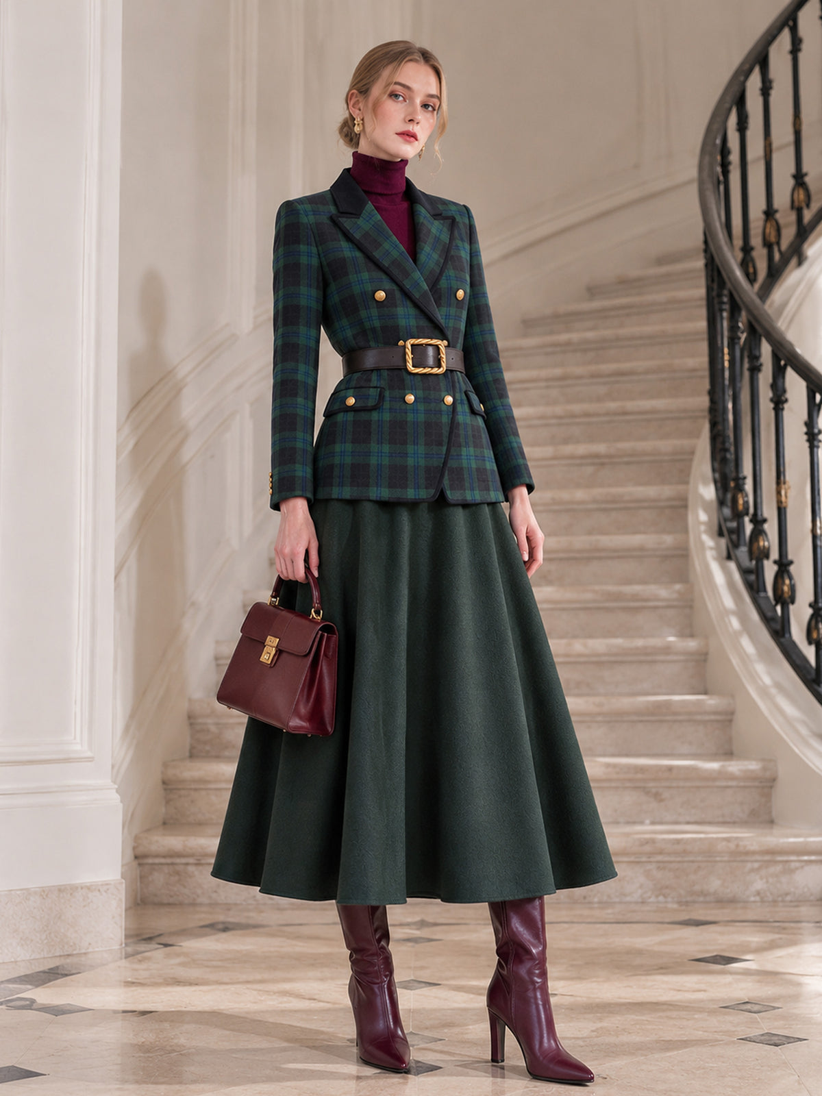 Green Plaid Contrast Lapel Blazer & Solid Green Flare Midi Skirt 2-Piece Suit
