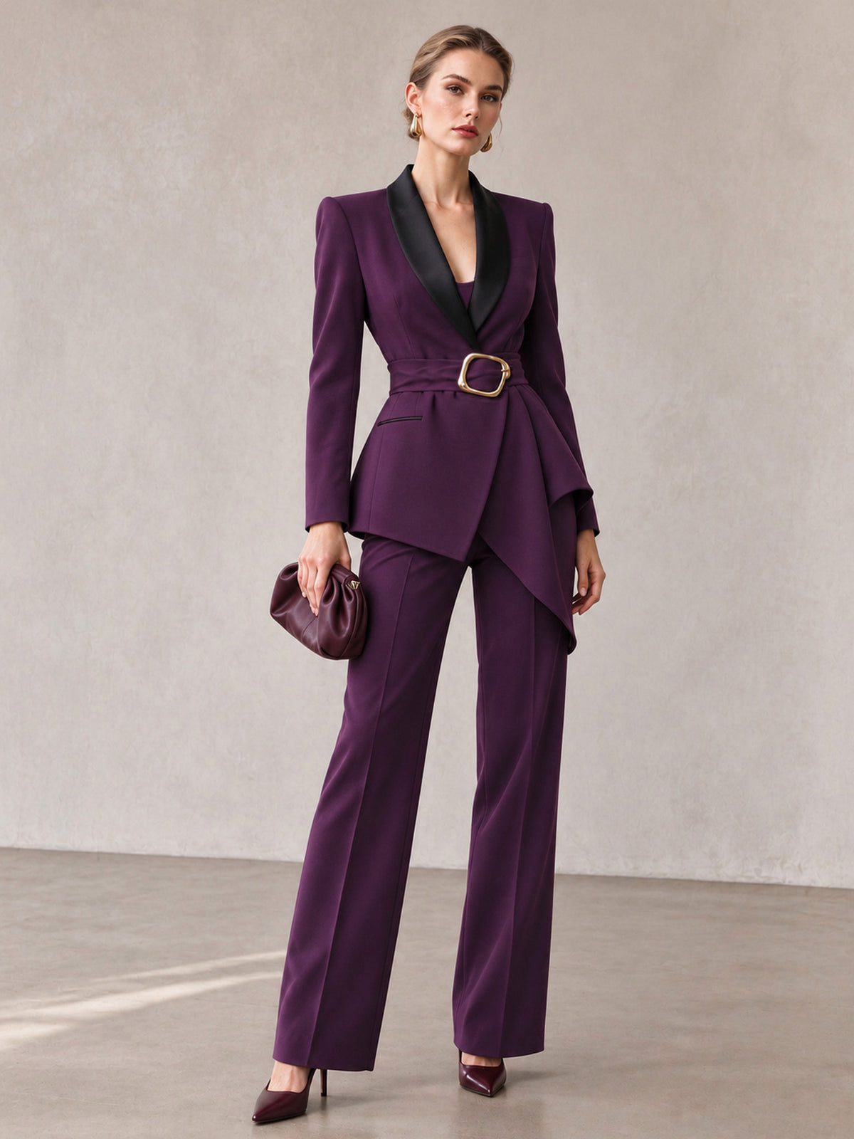 Purple Contrast Shawl Lapel Belted Asymmetrical Blazer & Wide Leg Pants 2-Piece Suit
