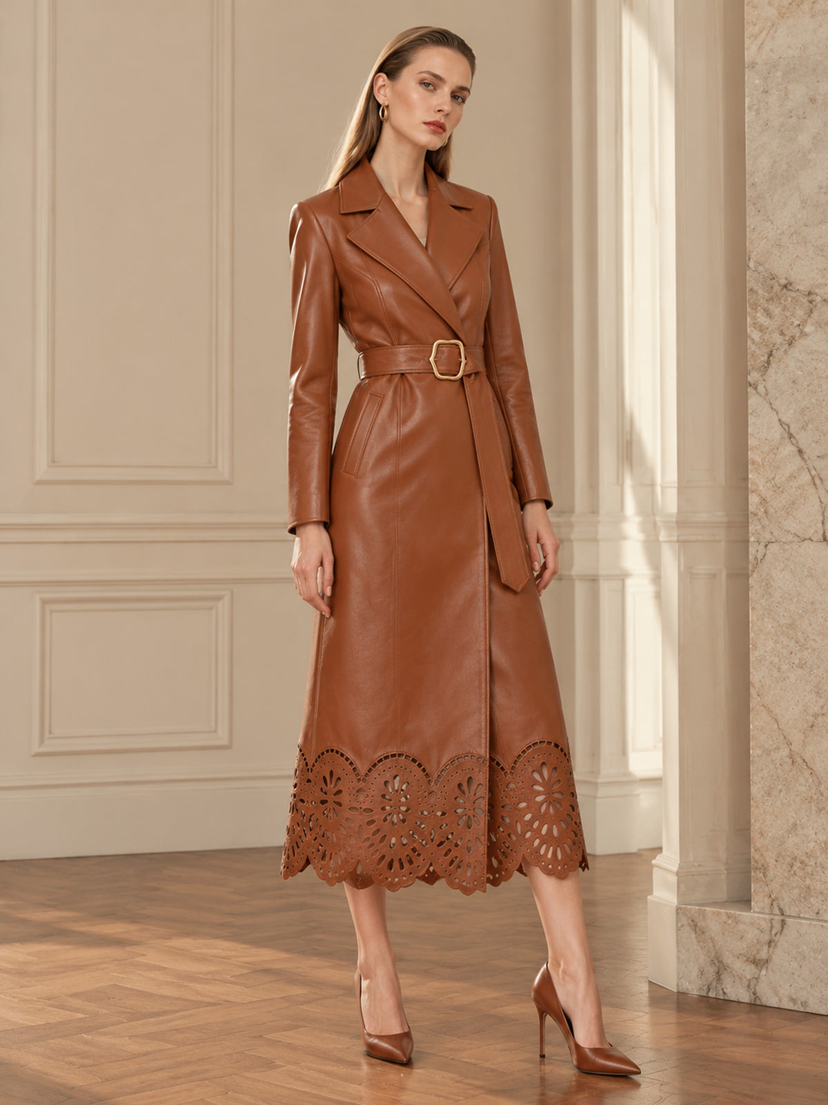 Brown Faux Leather Laser Cut Hem Midi Wrap Coat