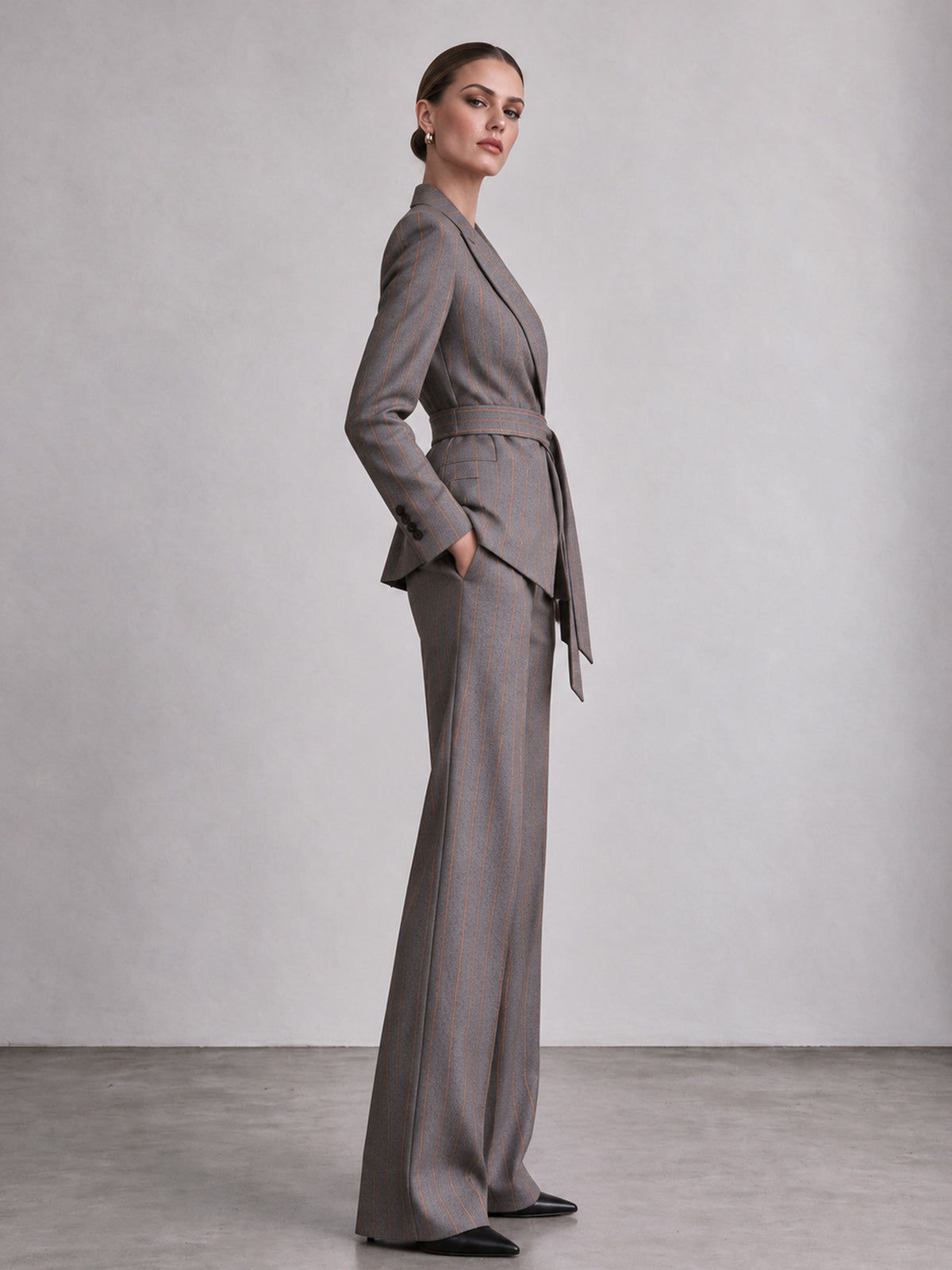 Grey Pinstripe Belted Wrap Blazer & Wide Leg Pants 2-Piece Suit