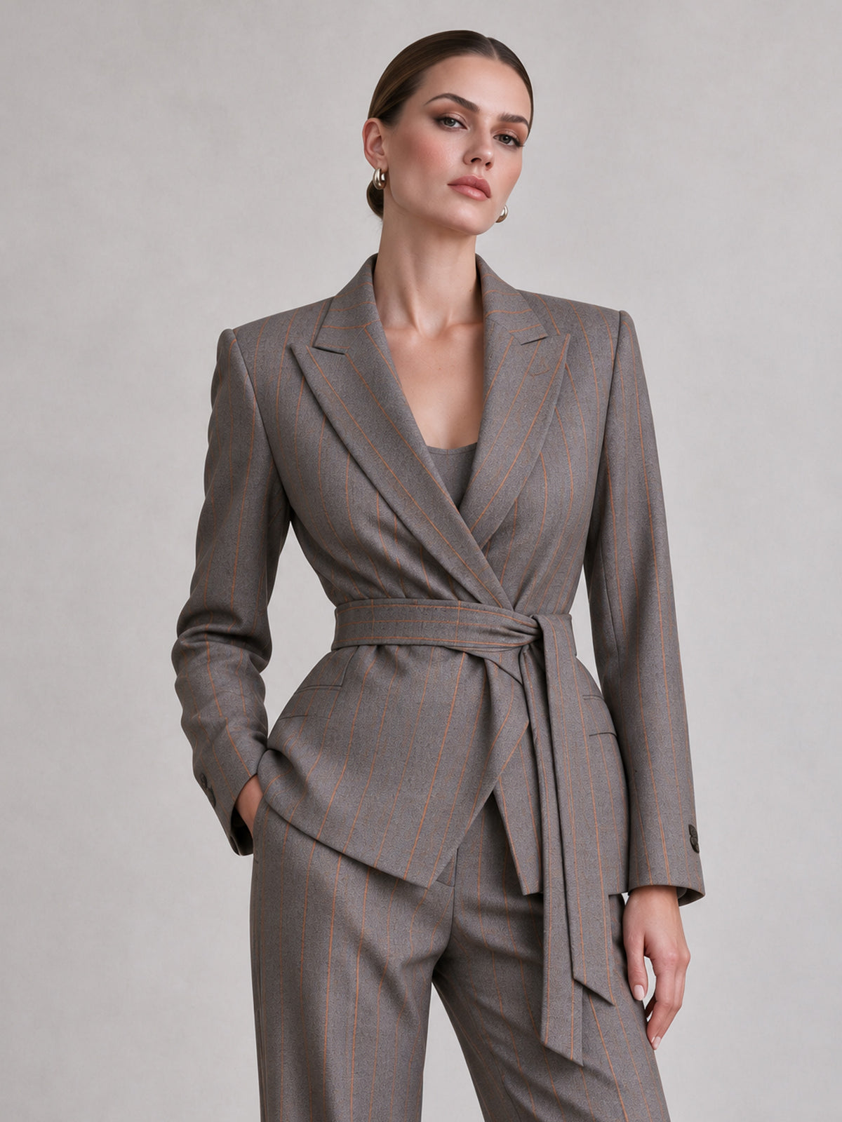 Grey Pinstripe Belted Wrap Blazer & Wide Leg Pants 2-Piece Suit