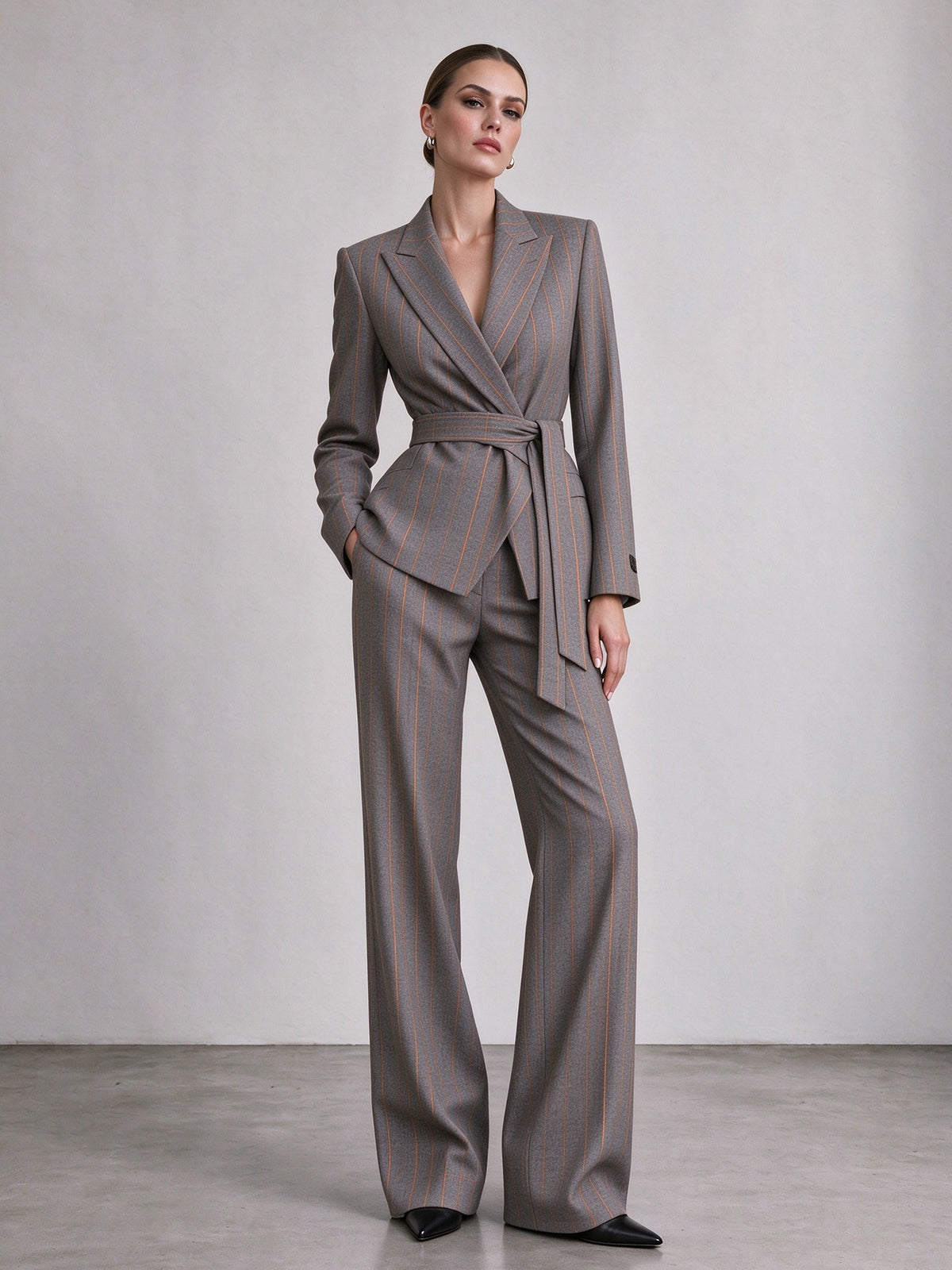 Grey Pinstripe Belted Wrap Blazer & Wide Leg Pants 2-Piece Suit