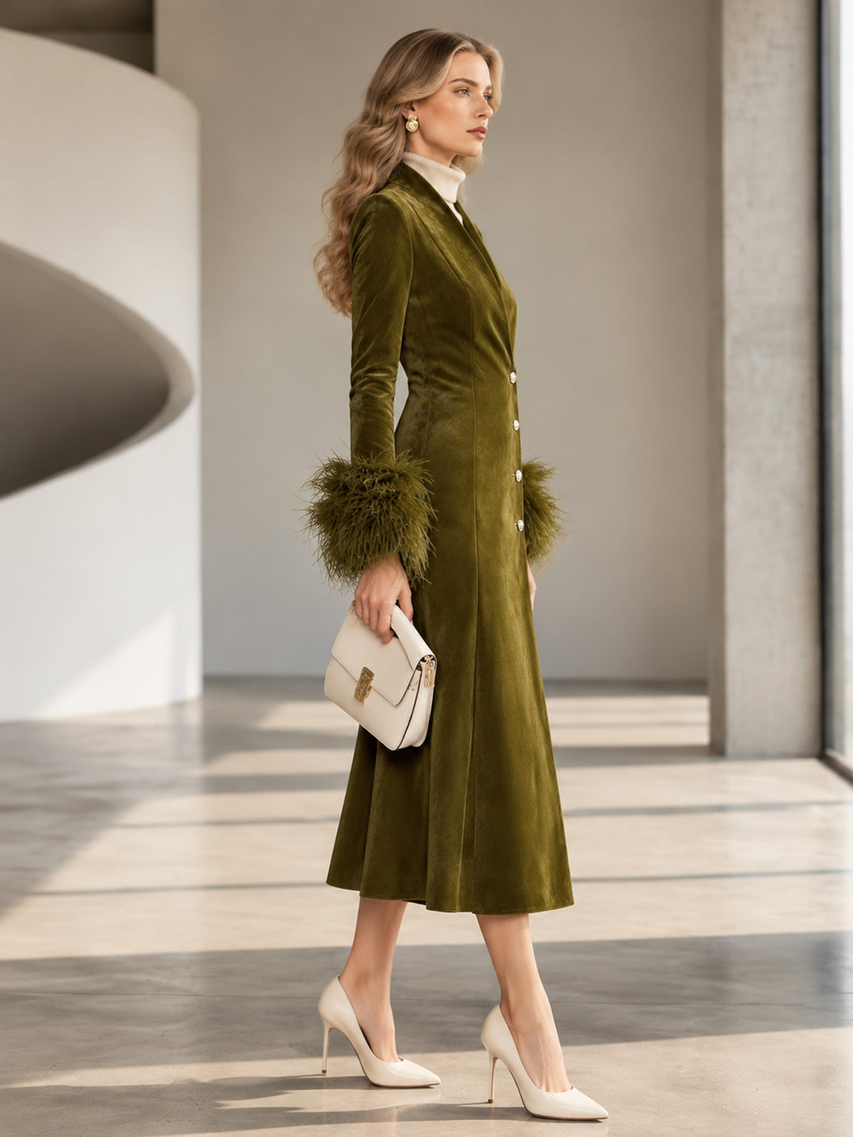 Olive Green Velvet Feather Trim Cuff Wrap Midi Dress