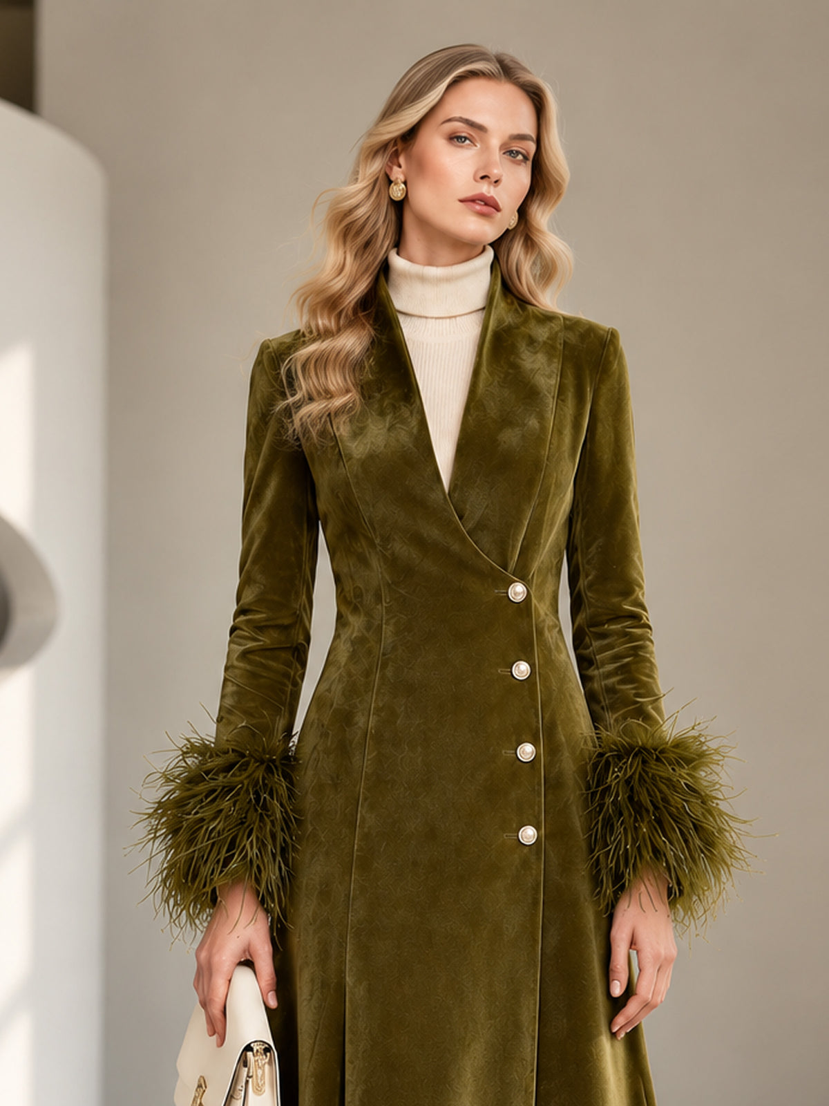 Olive Green Velvet Feather Trim Cuff Wrap Midi Dress