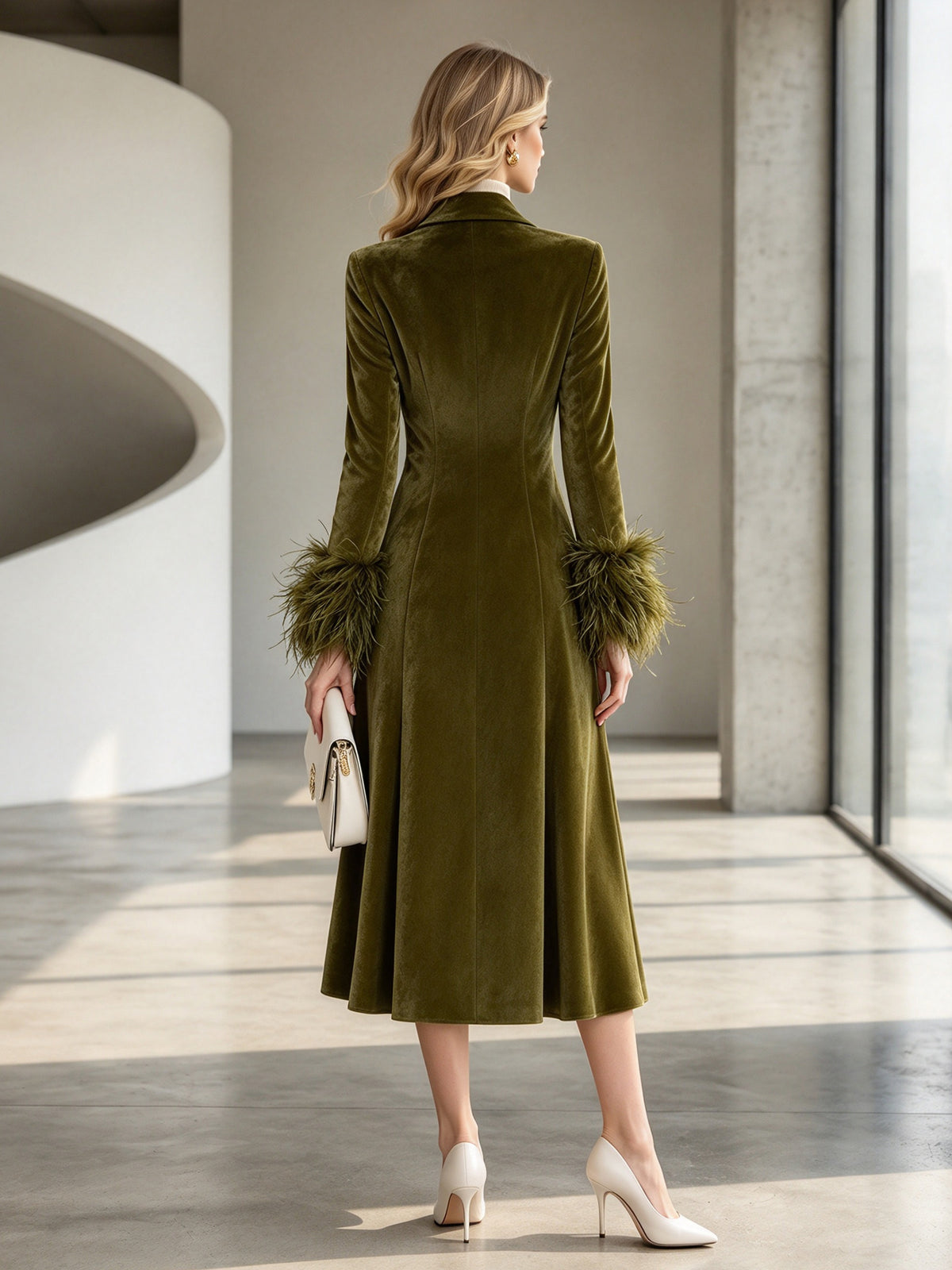 Olive Green Velvet Feather Trim Cuff Wrap Midi Dress