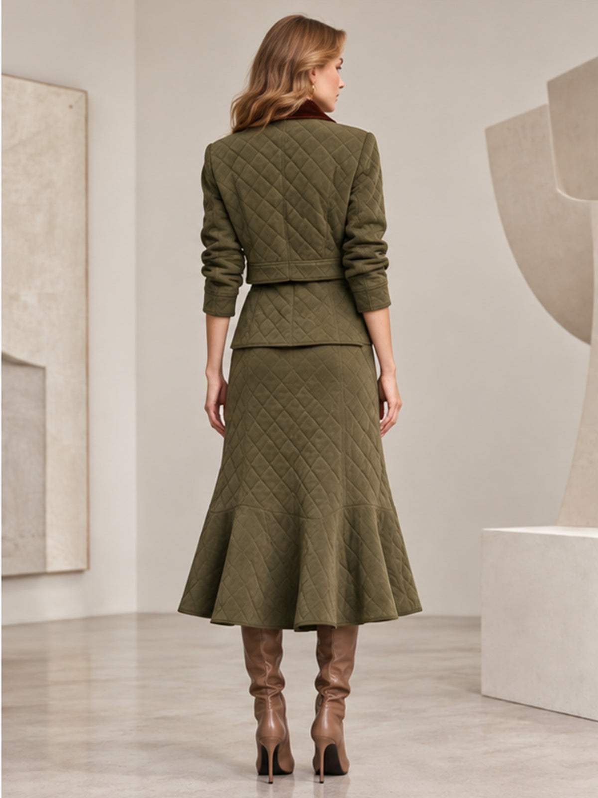 Olive Green Quilted Padded Short Jacket & Flared Midi Skirt 2-Piece Suit