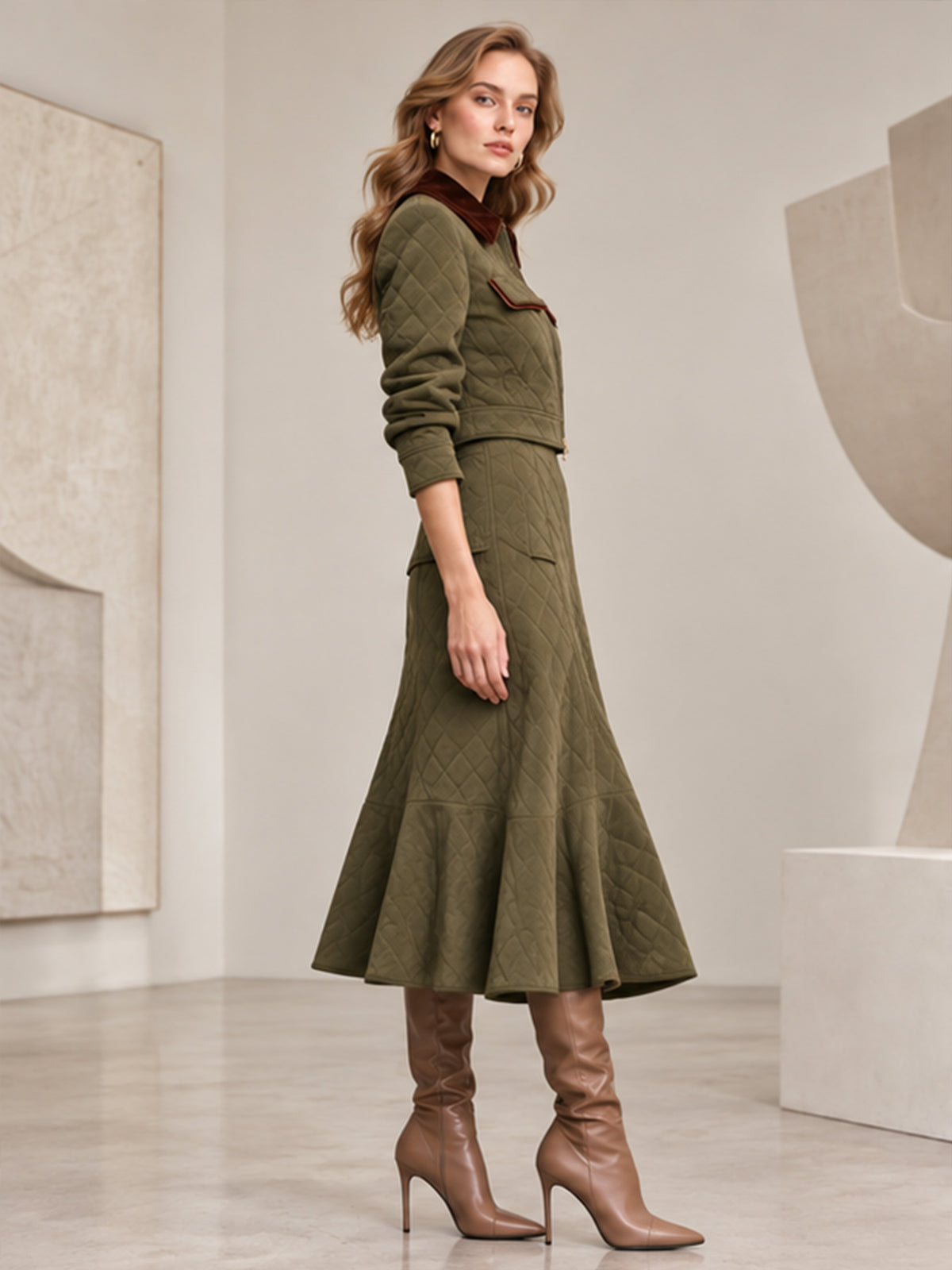 Olive Green Quilted Padded Short Jacket & Flared Midi Skirt 2-Piece Suit