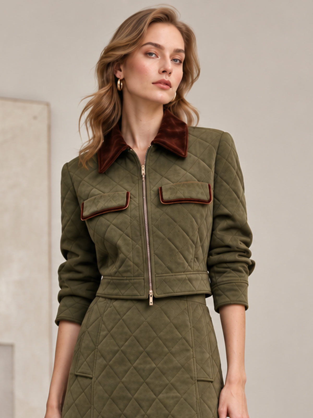Olive Green Quilted Padded Short Jacket & Flared Midi Skirt 2-Piece Suit