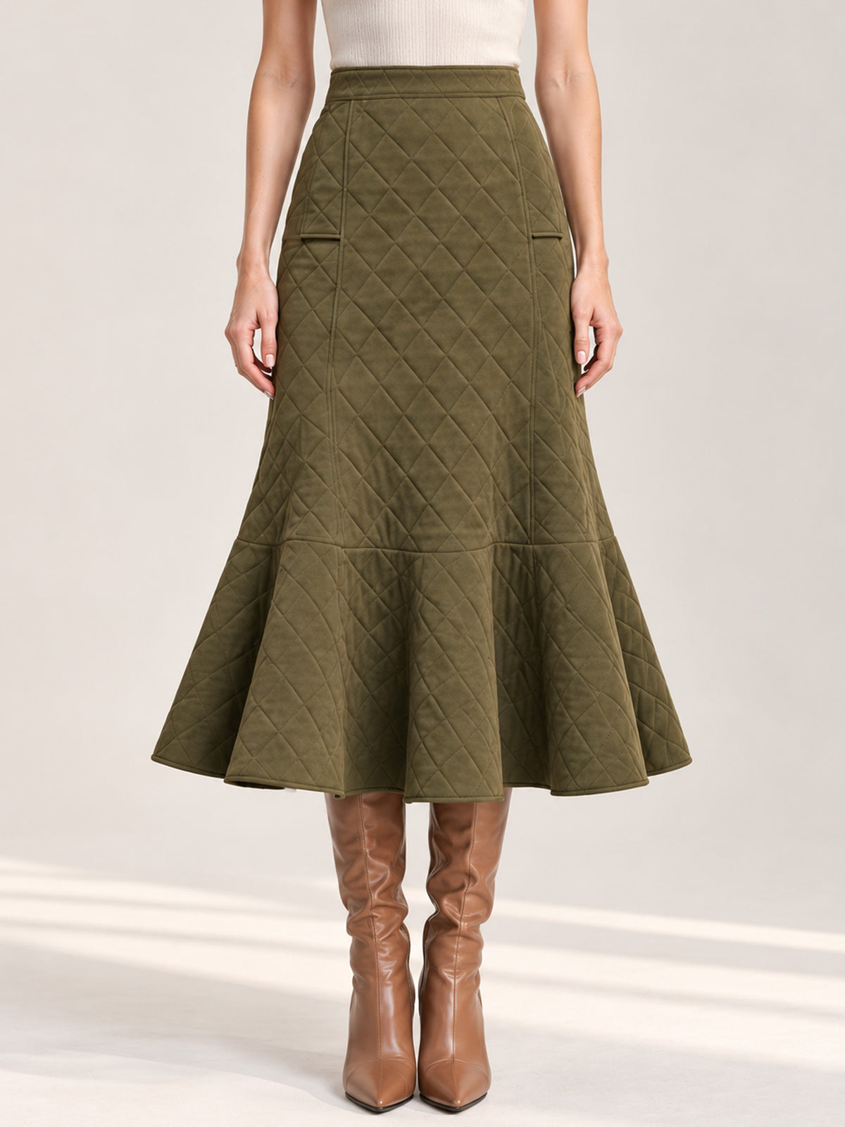 Olive Green Quilted Padded Short Jacket & Flared Midi Skirt 2-Piece Suit