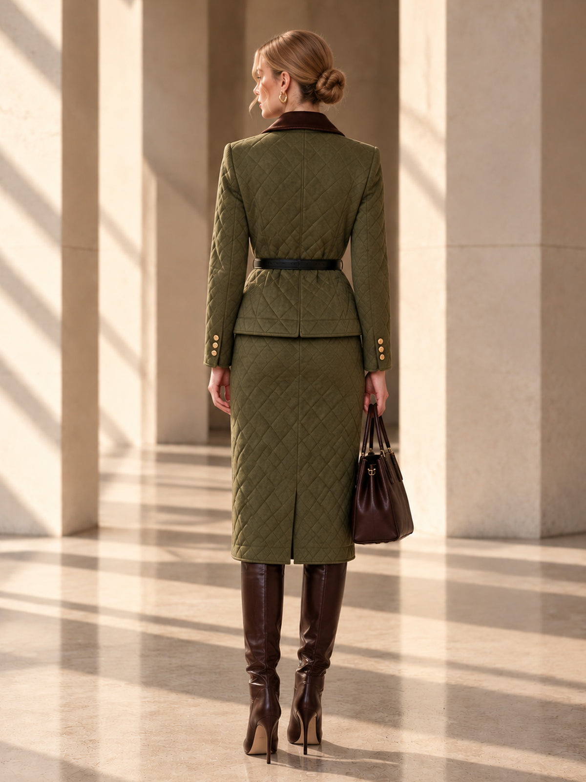 Olive Green Quilted Belted Jacket & Midi Pencil Skirt 2-Piece Suit