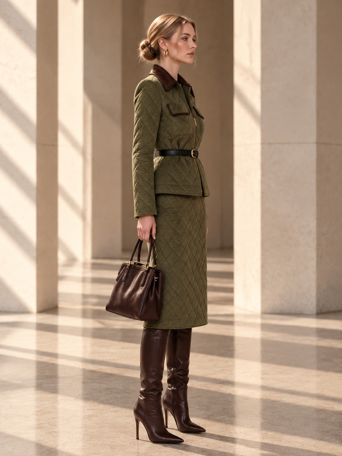 Olive Green Quilted Belted Jacket & Midi Pencil Skirt 2-Piece Suit