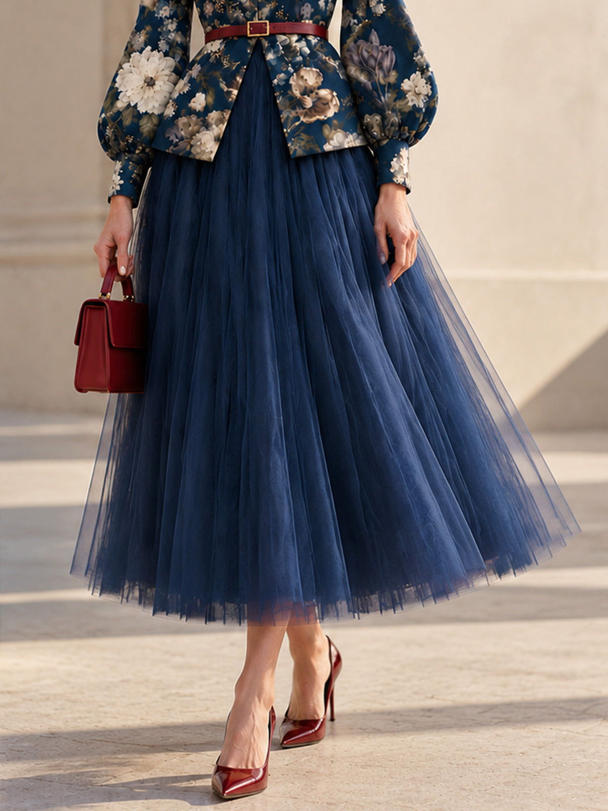 Navy Multi-Layer Tulle Midi Skirt