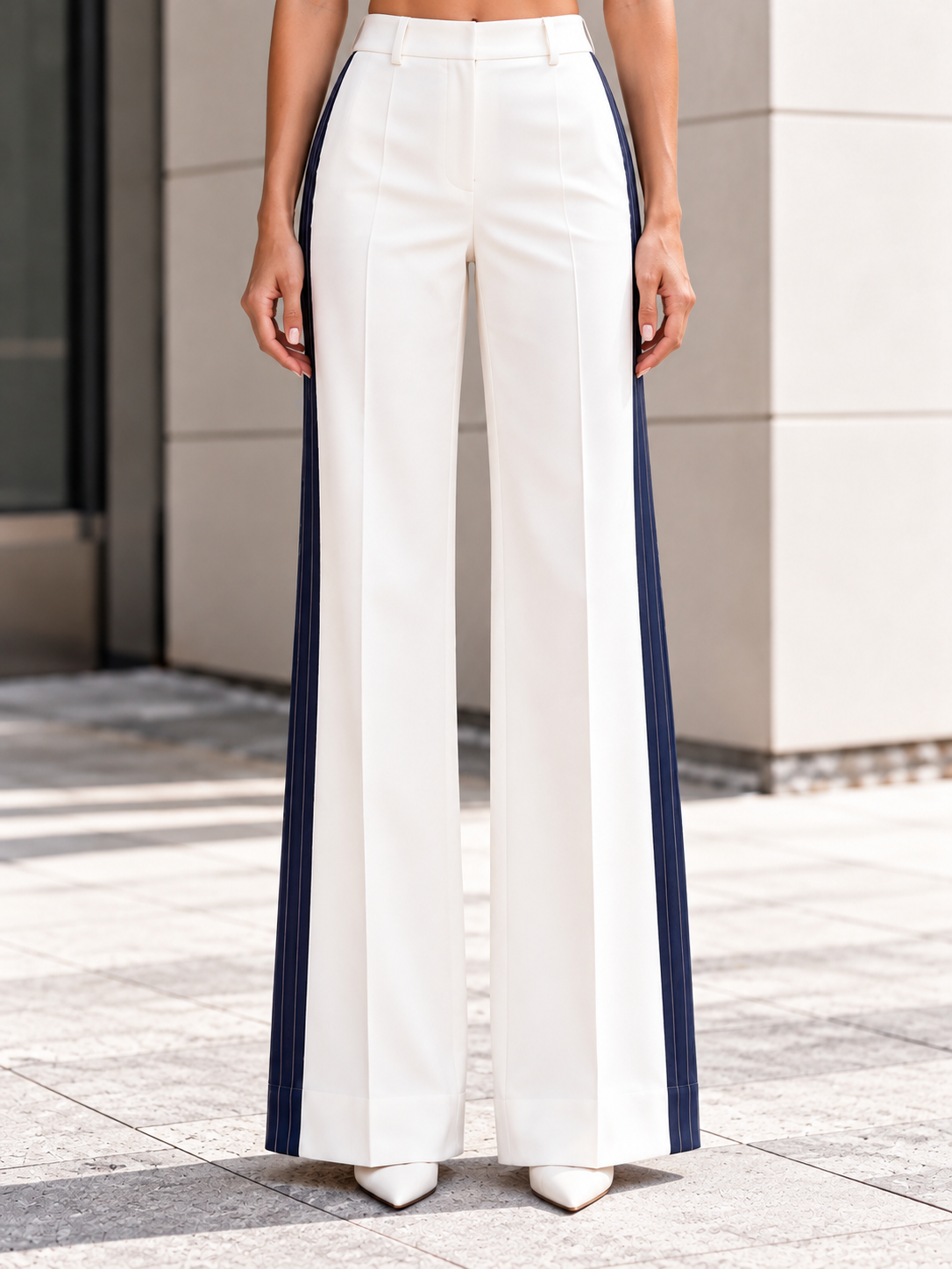 White And Blue Striped Blazer And Wide Leg Pants 2-Piece Suit