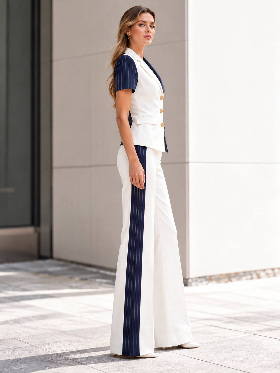 White And Blue Striped Blazer And Wide Leg Pants 2-Piece Suit