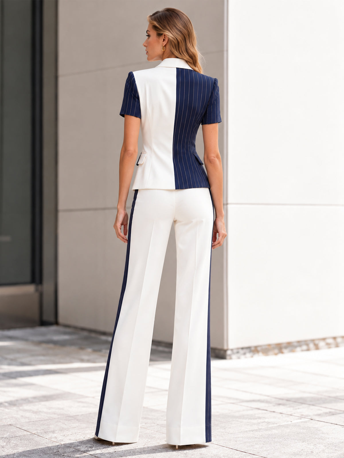 White And Blue Striped Blazer And Wide Leg Pants 2-Piece Suit