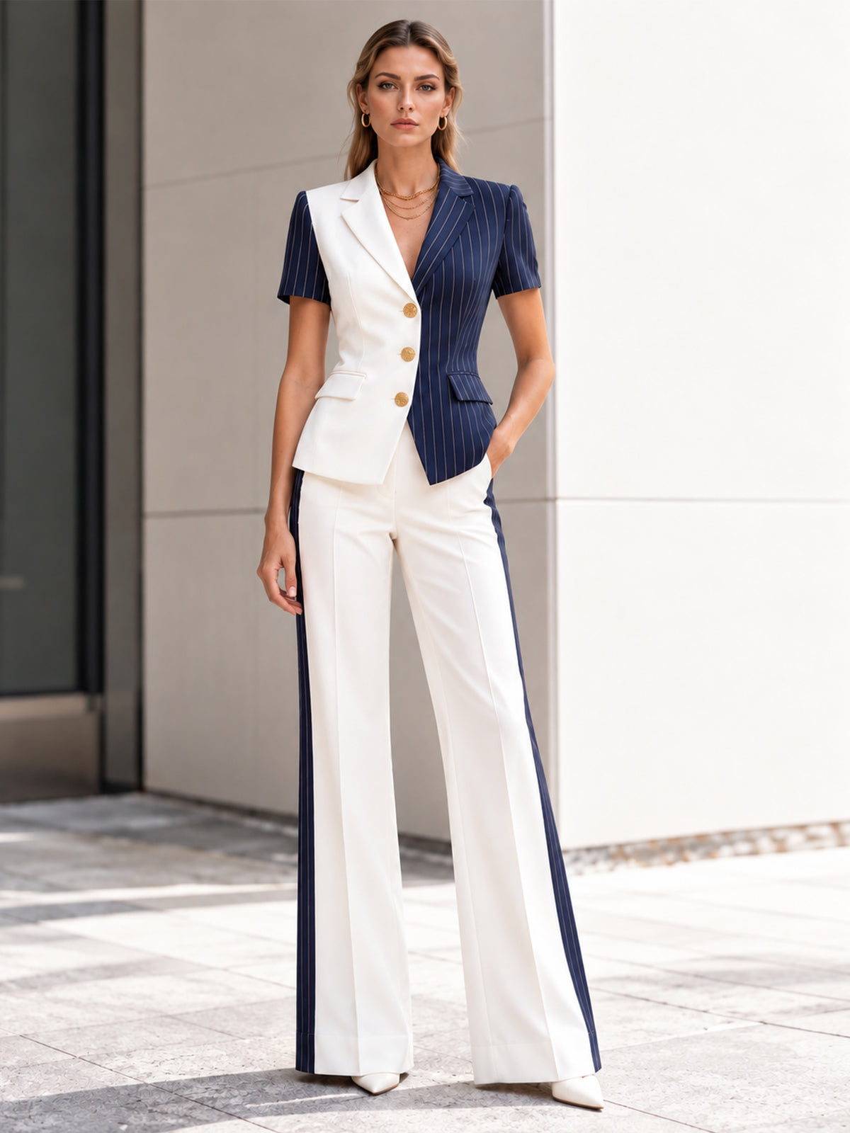 White And Blue Striped Blazer And Wide Leg Pants 2-Piece Suit