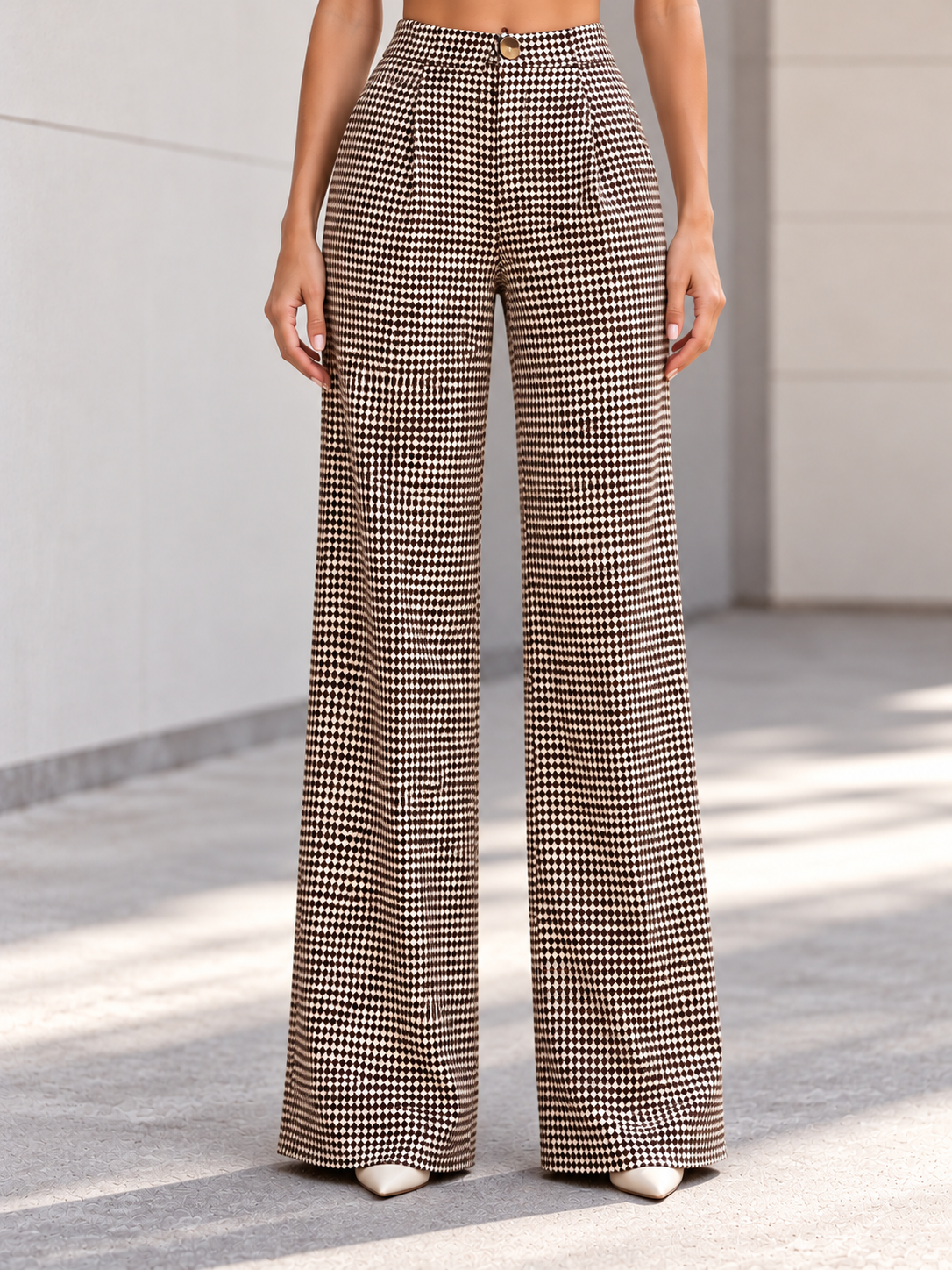 Brown Houndstooth Vest And Wide Leg Pants 2-Piece Suit