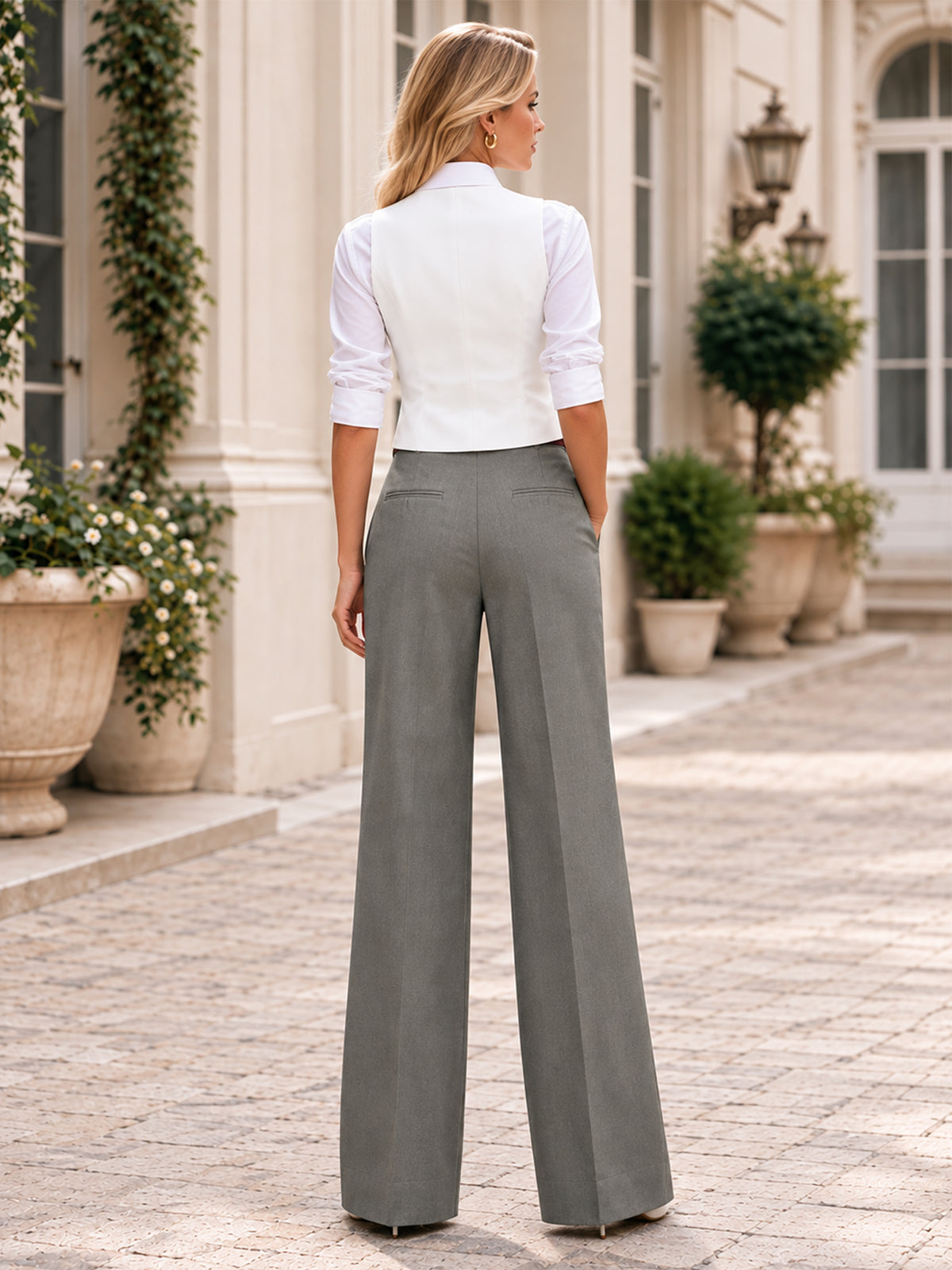 White Vest Paired With Olive Green Wide Leg Pants 2-Piece Suit