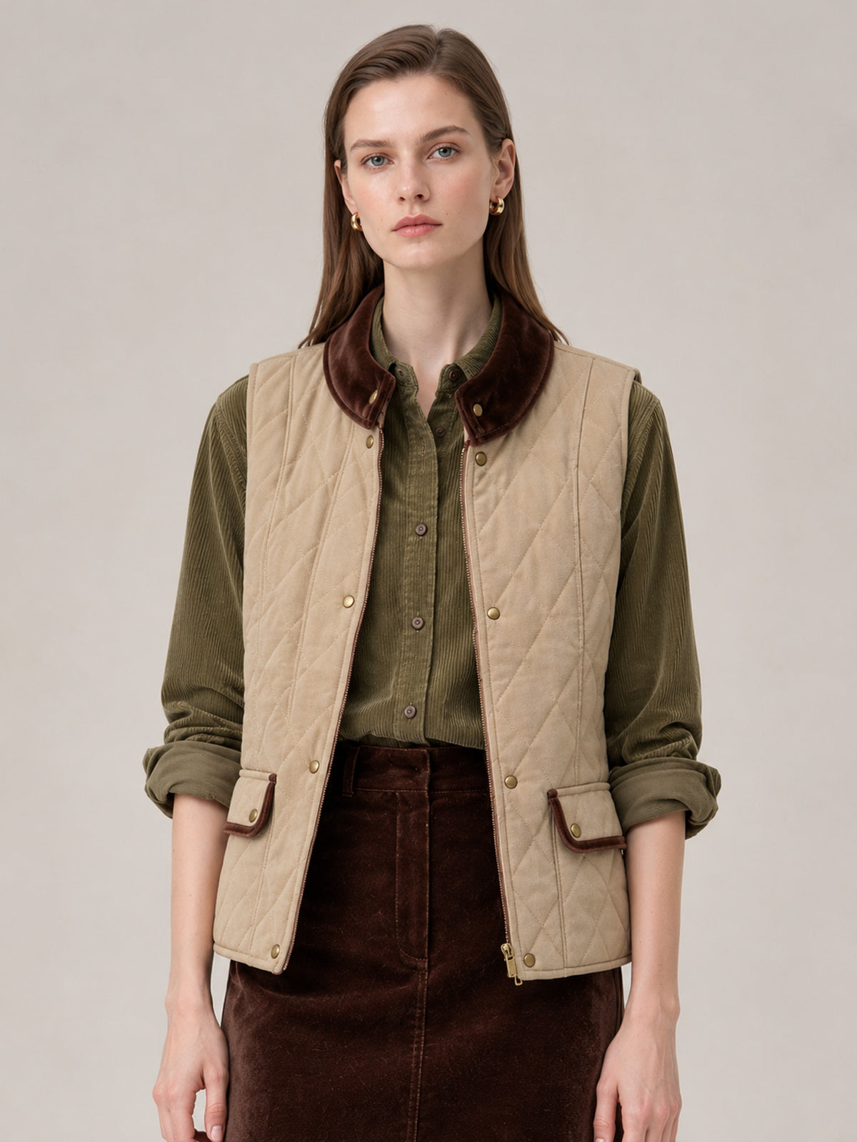 Light Khaki Quilted Velvet Collar Vest