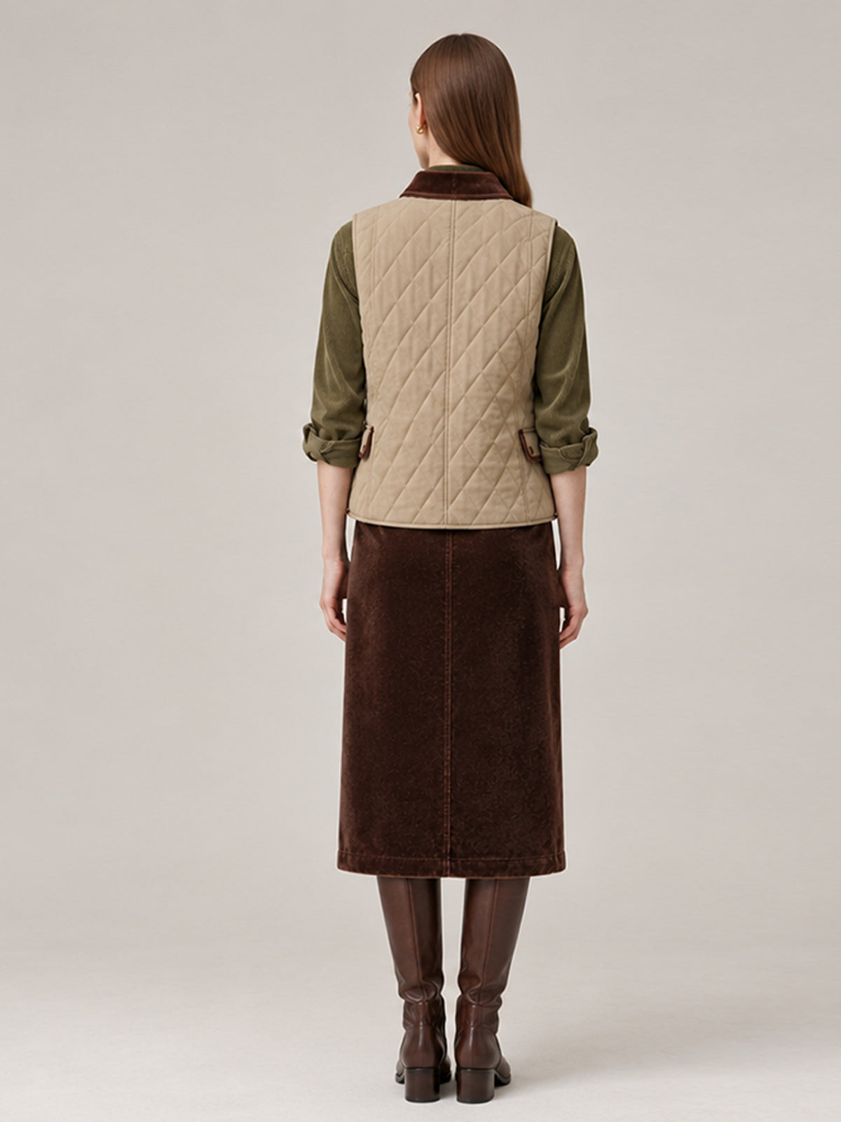 Light Khaki Quilted Velvet Collar Vest