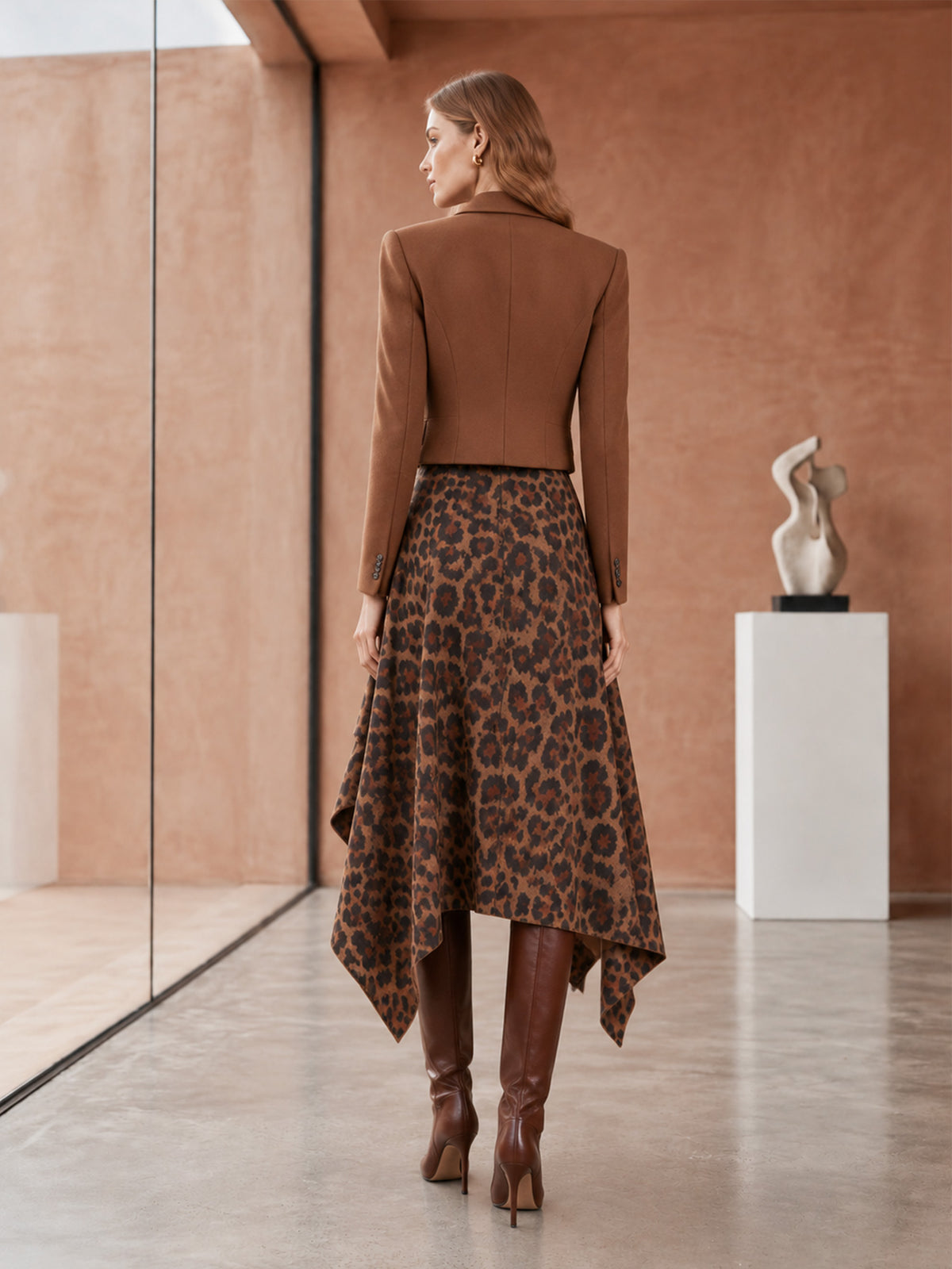 Brown Cropped Blazer & Leopard Irregular Midi Skirt 2-Piece Suit