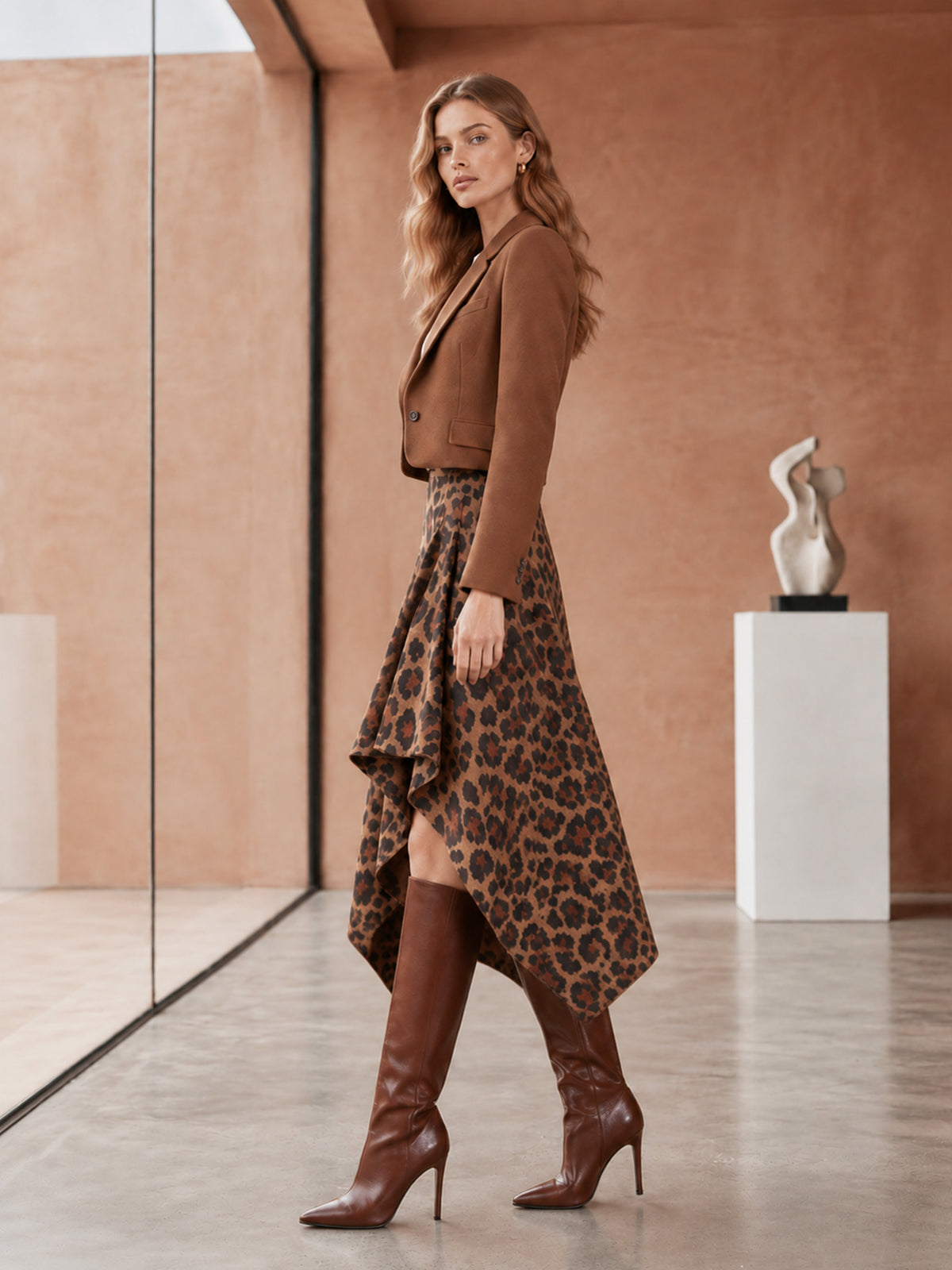 Brown Cropped Blazer & Leopard Irregular Midi Skirt 2-Piece Suit