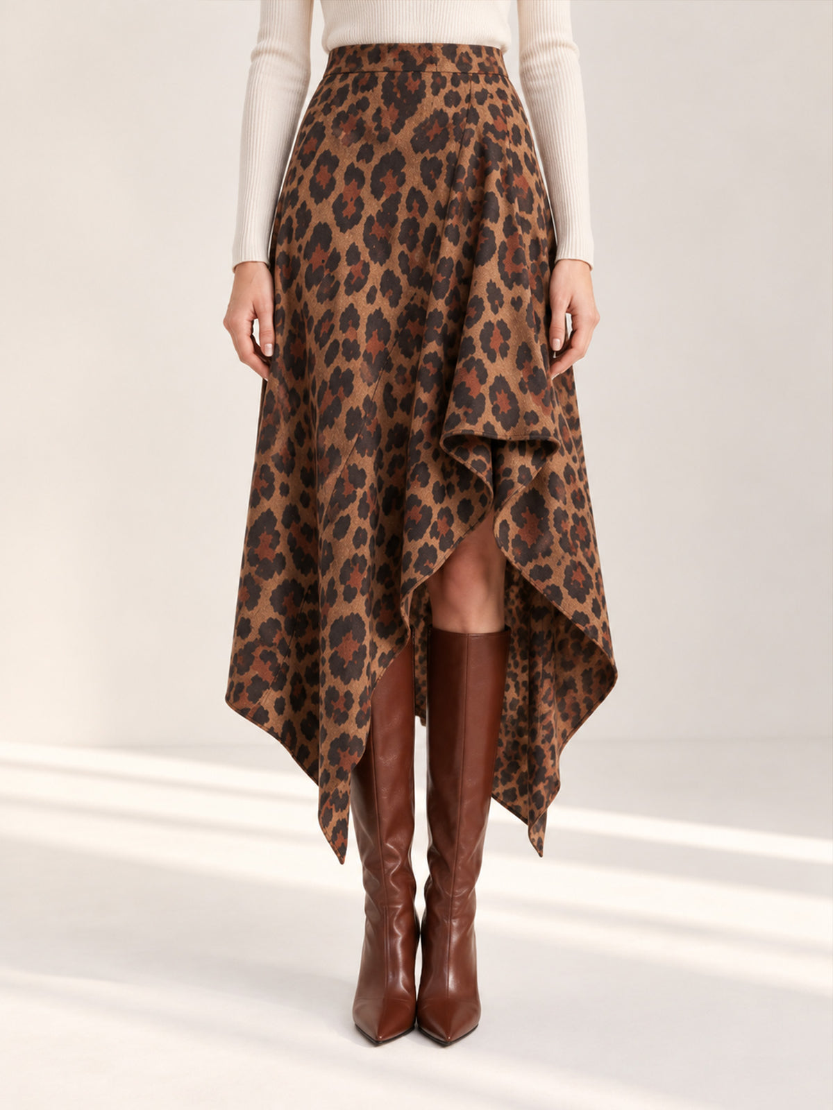 Brown Cropped Blazer & Leopard Irregular Midi Skirt 2-Piece Suit