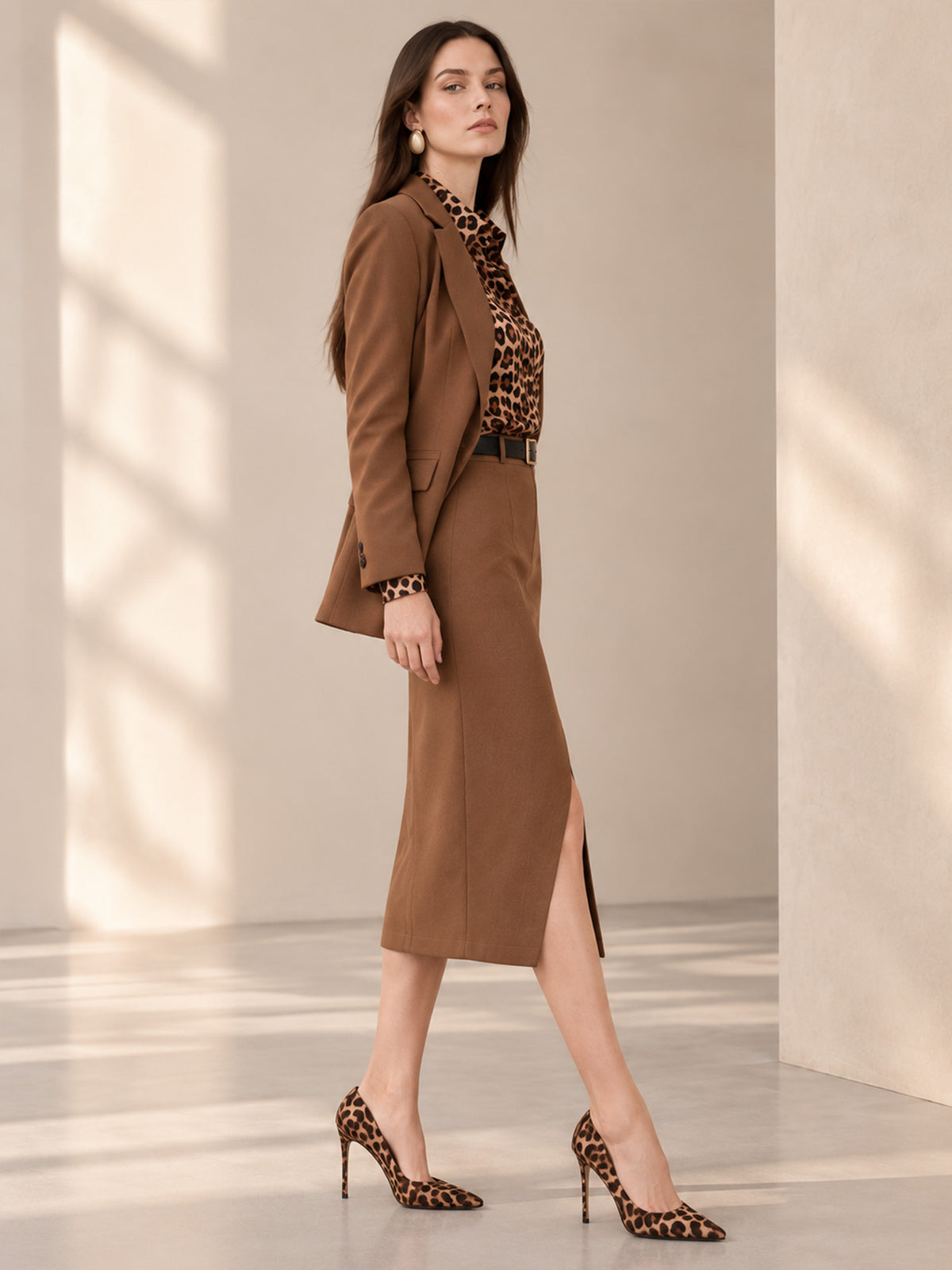 Brown Notch Lapel Blazer & Midi Skirt 2-Piece Suit