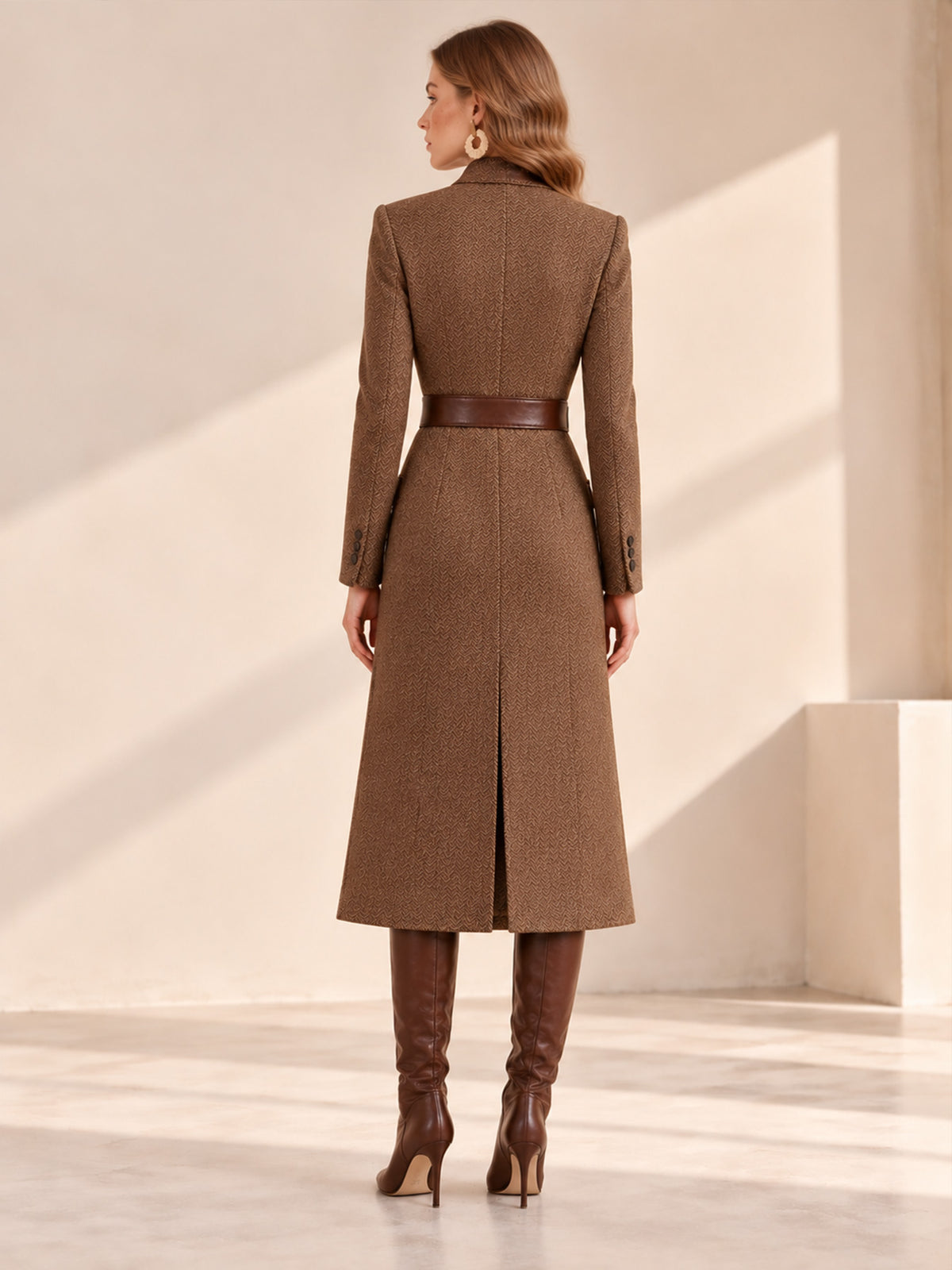 Brown Herringbone Faux Leather Patch Belted Long Coat