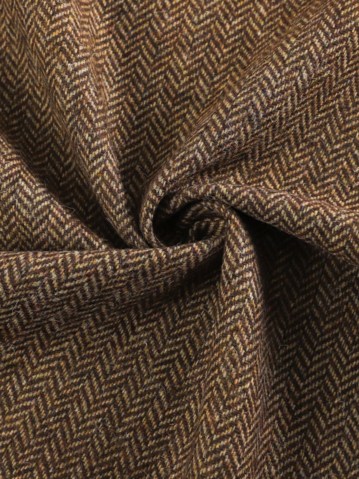 Brown Herringbone Faux Leather Patch Belted Long Coat