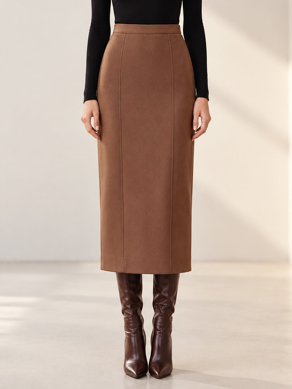 Brown Round Neck Puff Sleeve Belted Peplum Jacket & Midi Skirt 2-Piece Suit