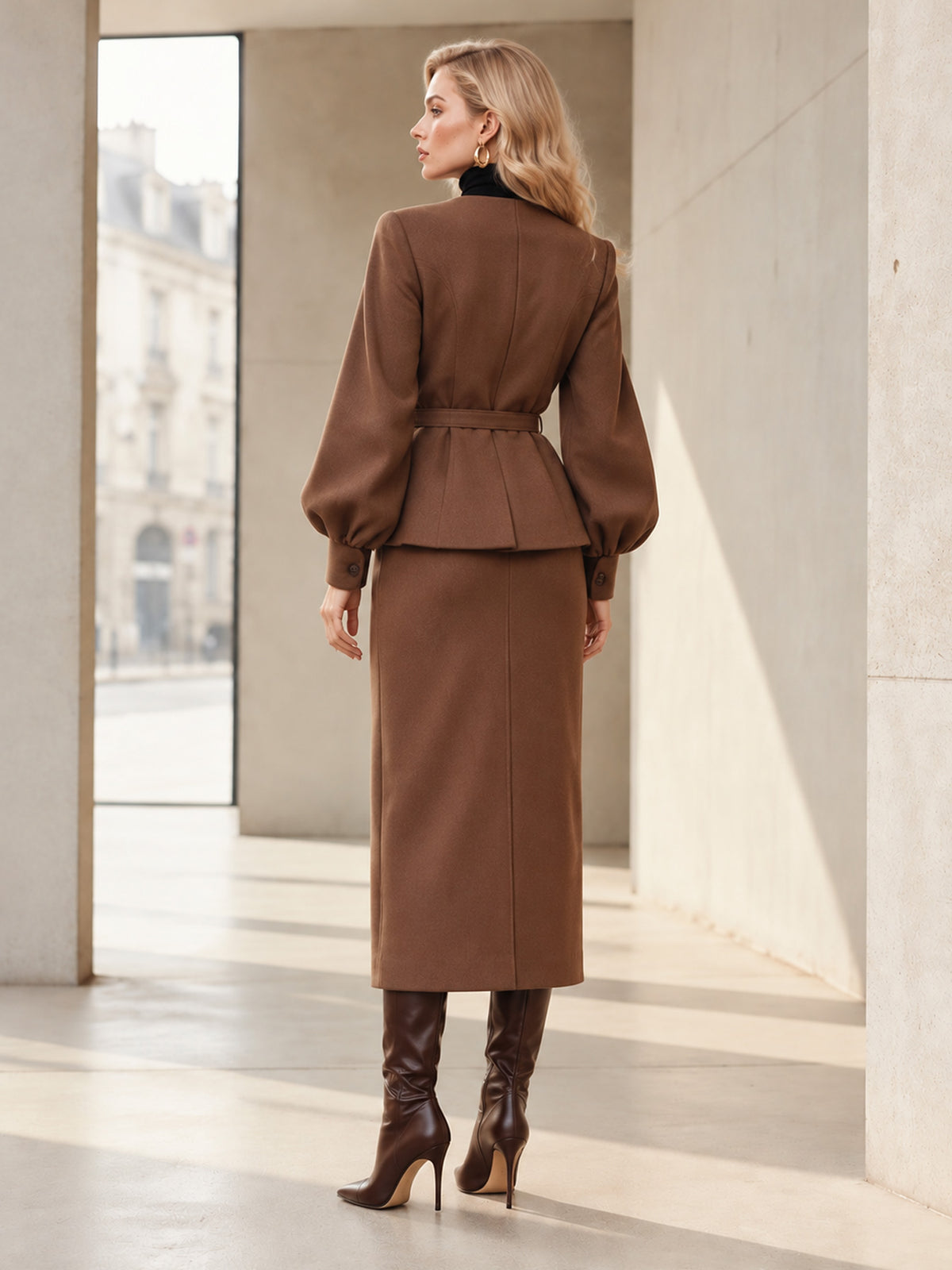 Brown Round Neck Puff Sleeve Belted Peplum Jacket & Midi Skirt 2-Piece Suit